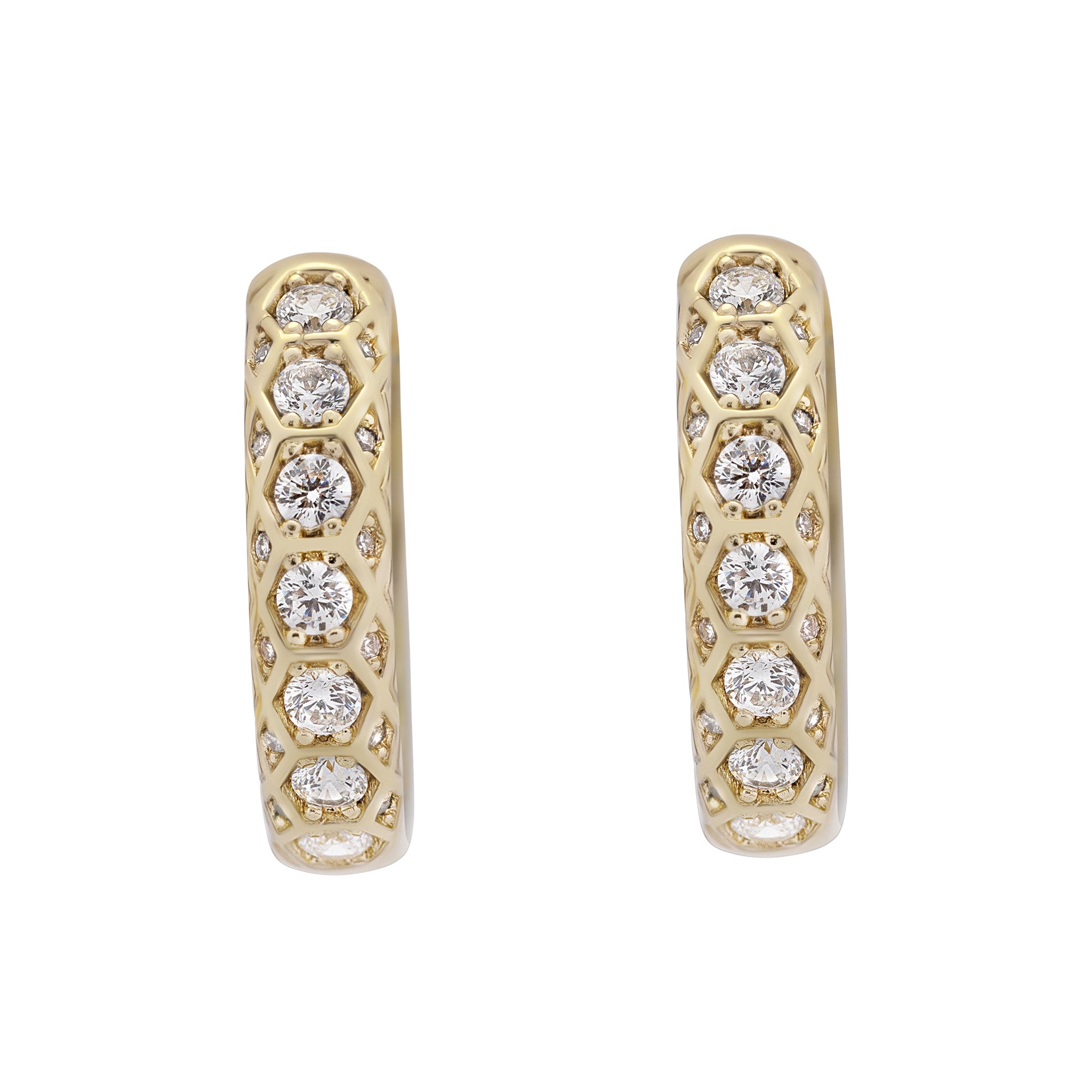 Gold hoop earrings with diamond accents on a white background