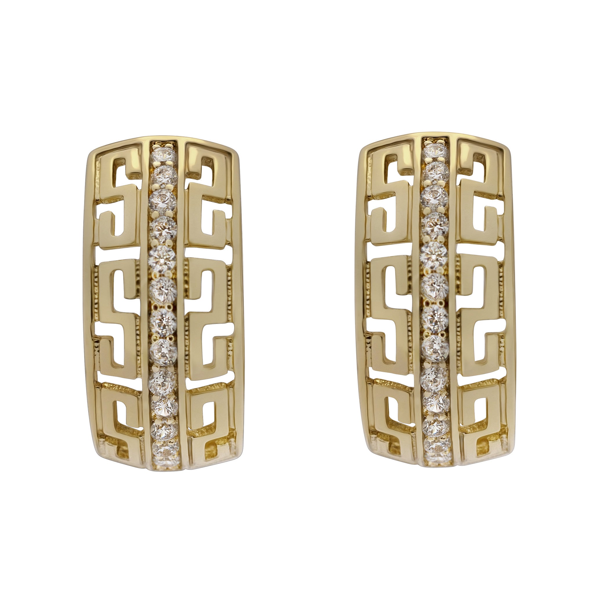 Gold earrings with diamond accents on a white background