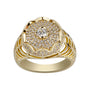 Gold ring with diamond accents on a white background