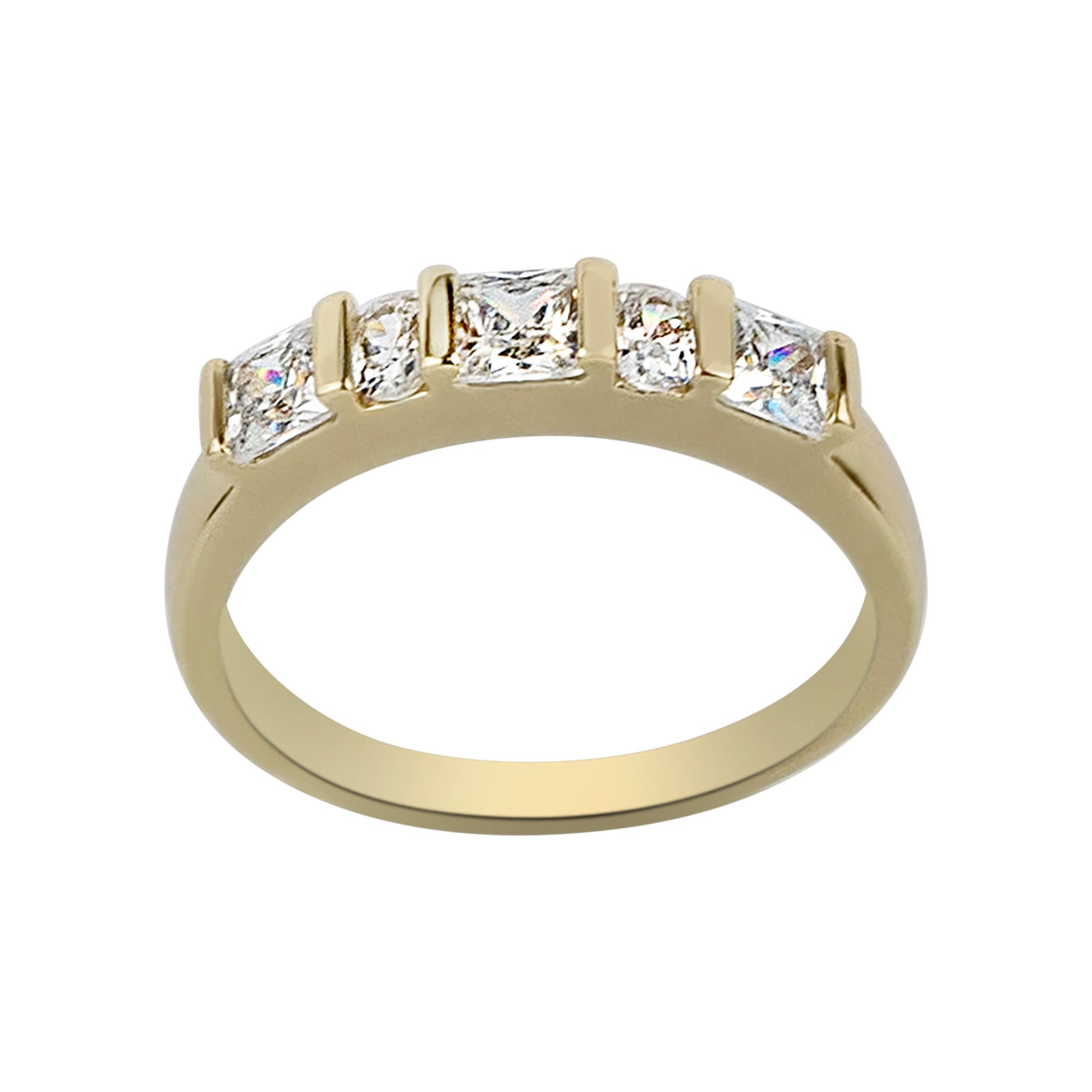 Gold ring with five diamonds on a white background