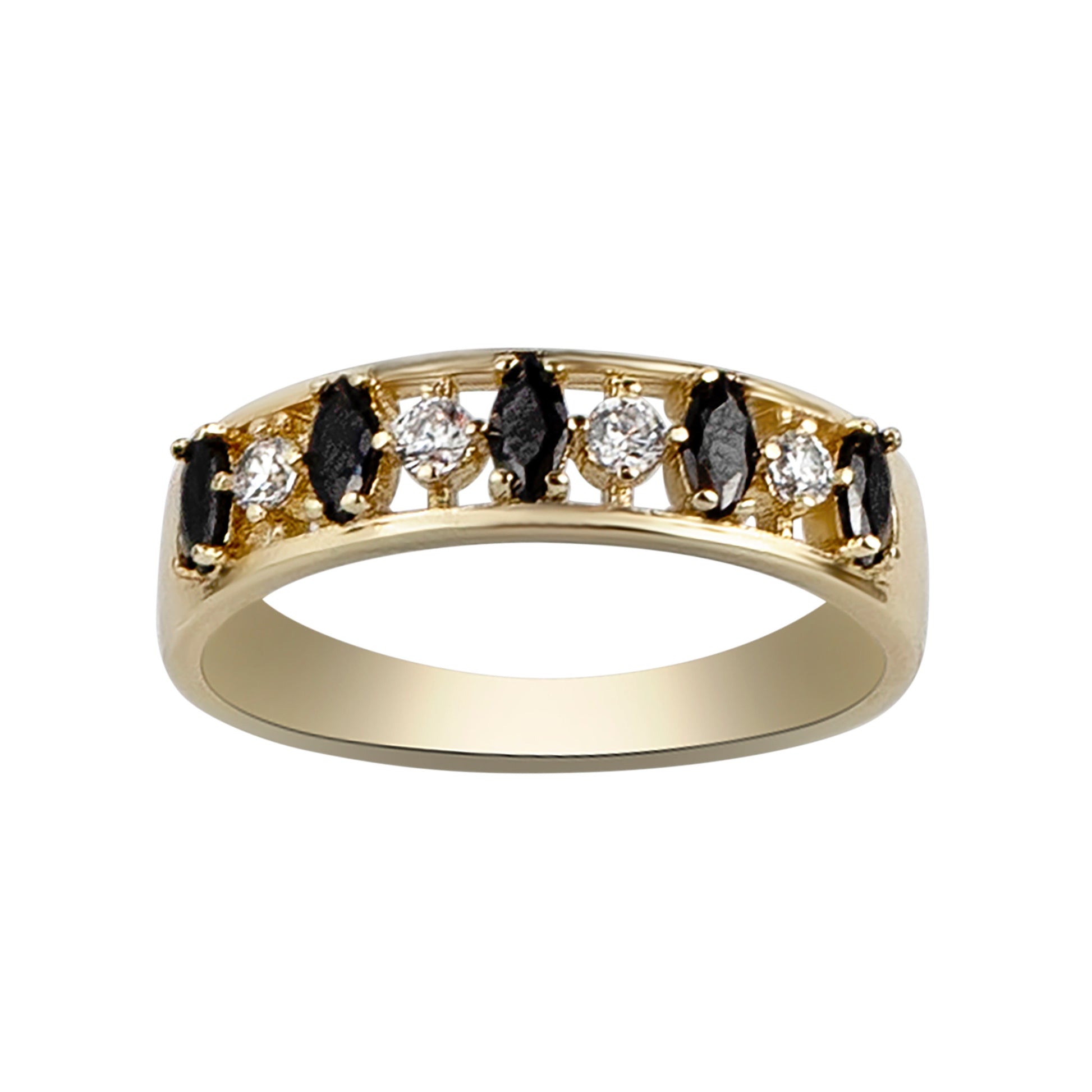 Gold ring with black and white gemstones on a white background
