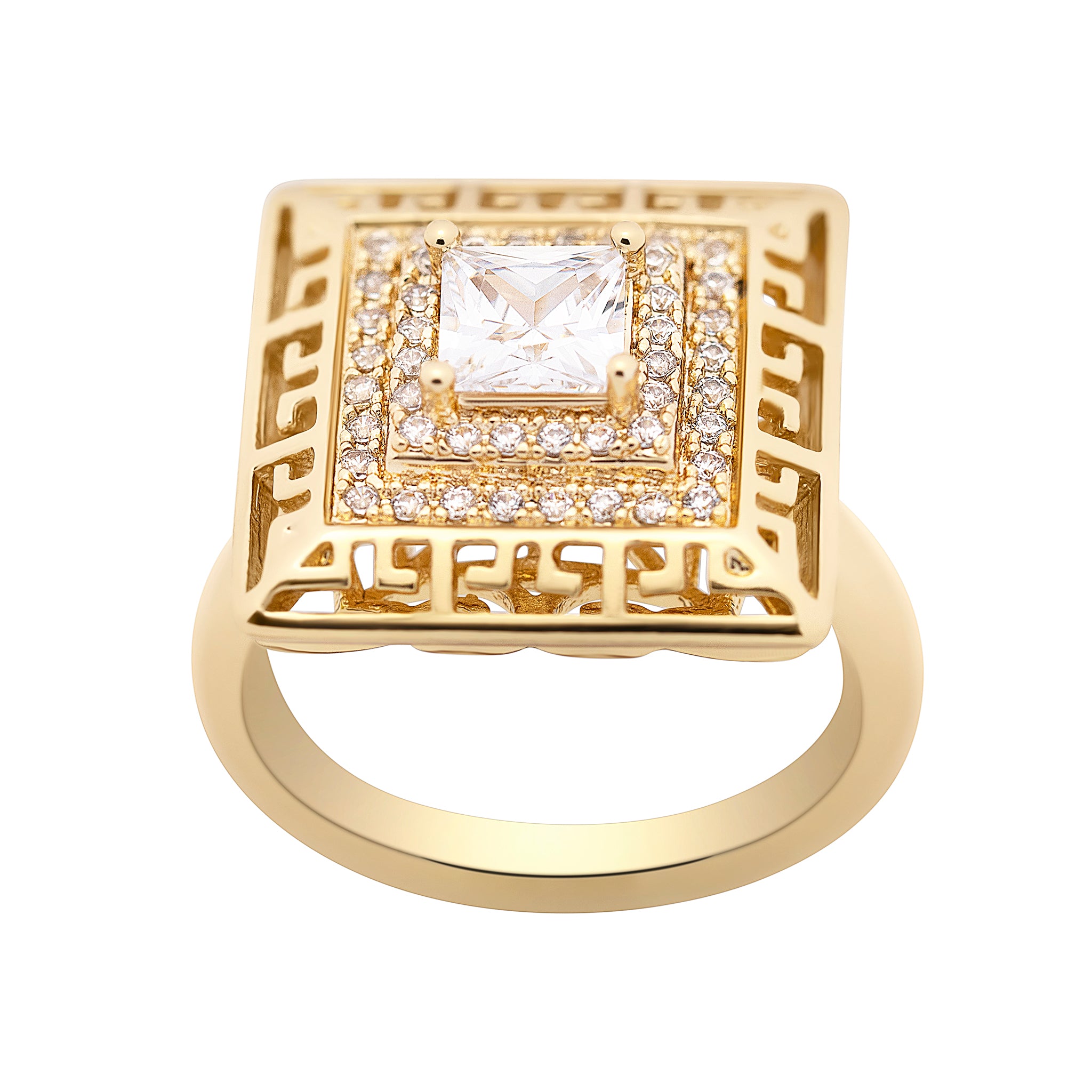 Gold ring with a central diamond and smaller diamonds on a white background