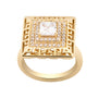 Gold ring with a central diamond and smaller diamonds on a white background