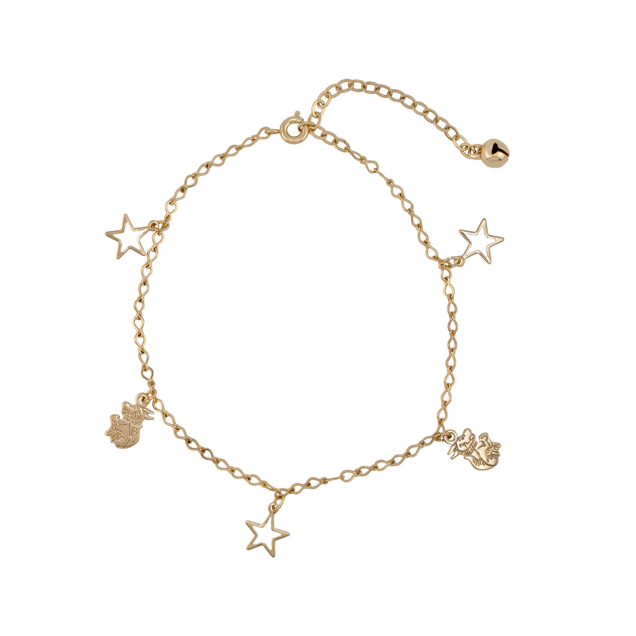 Gold bracelet with star and shell charms on a white background