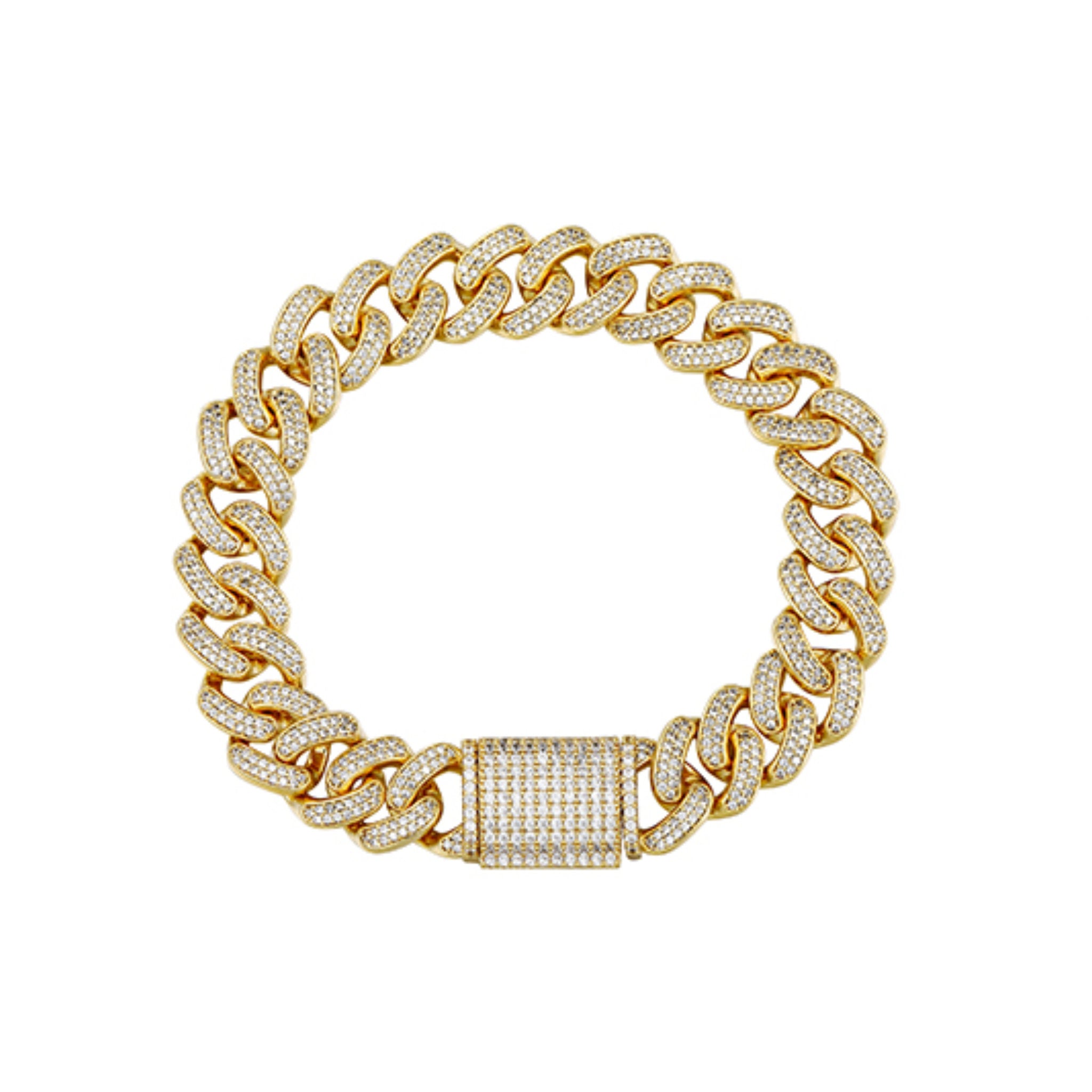 Gold chain necklace with diamond-like stones on a white background