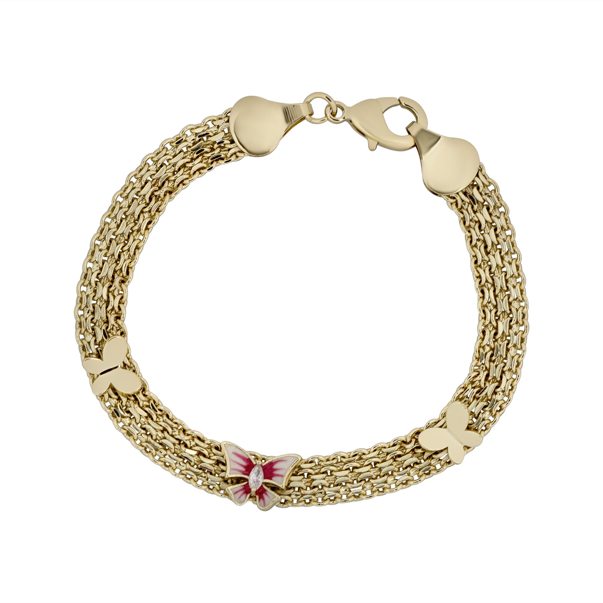 Gold bracelet with butterfly charms on a white background
