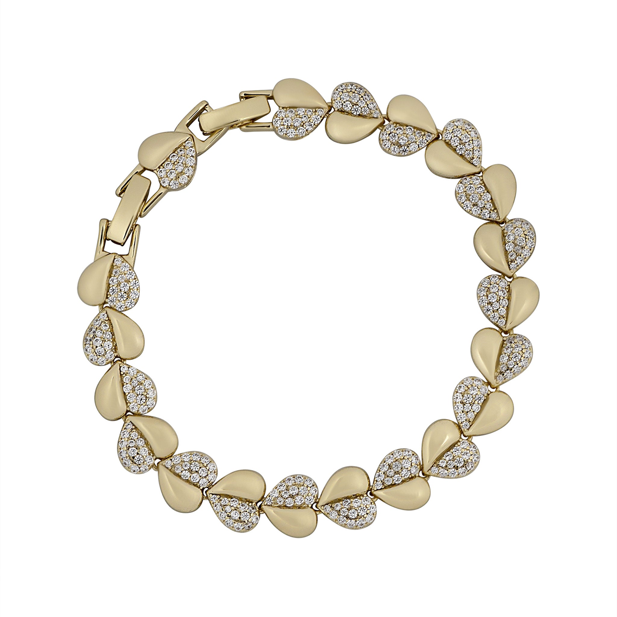 Gold bracelet with heart-shaped links on a white background