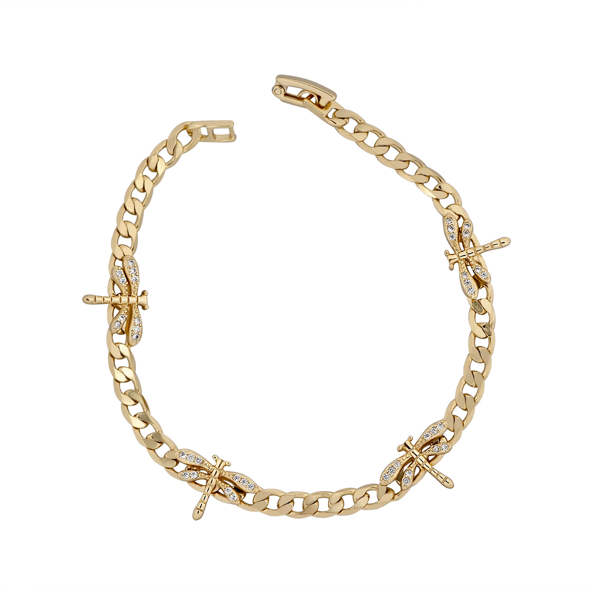 Gold chain bracelet with diamond accents on a white background