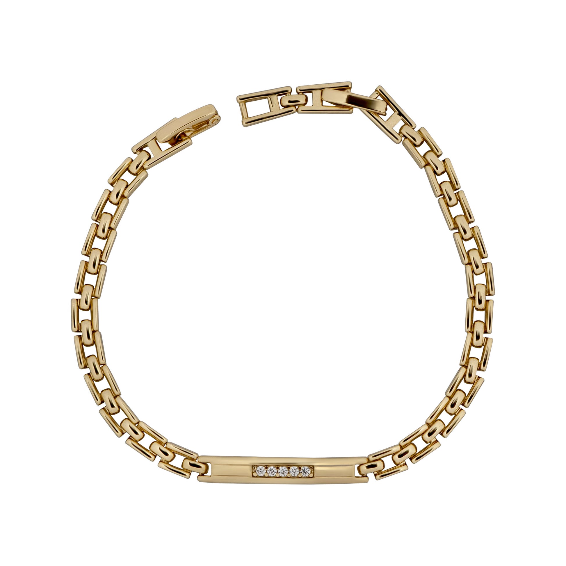 Gold chain bracelet with a clasp on a white background