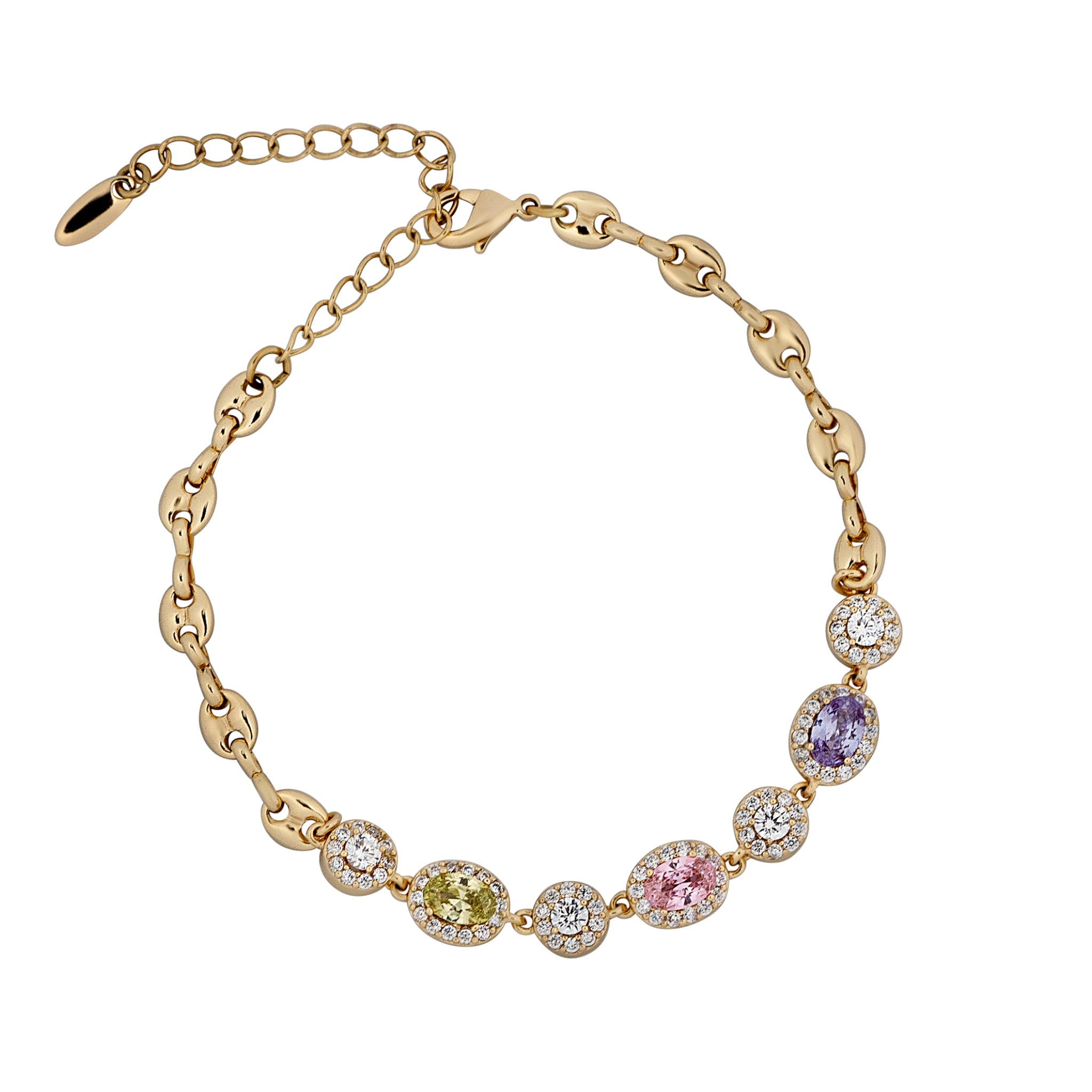 Gold bracelet with colorful gemstones on a white background