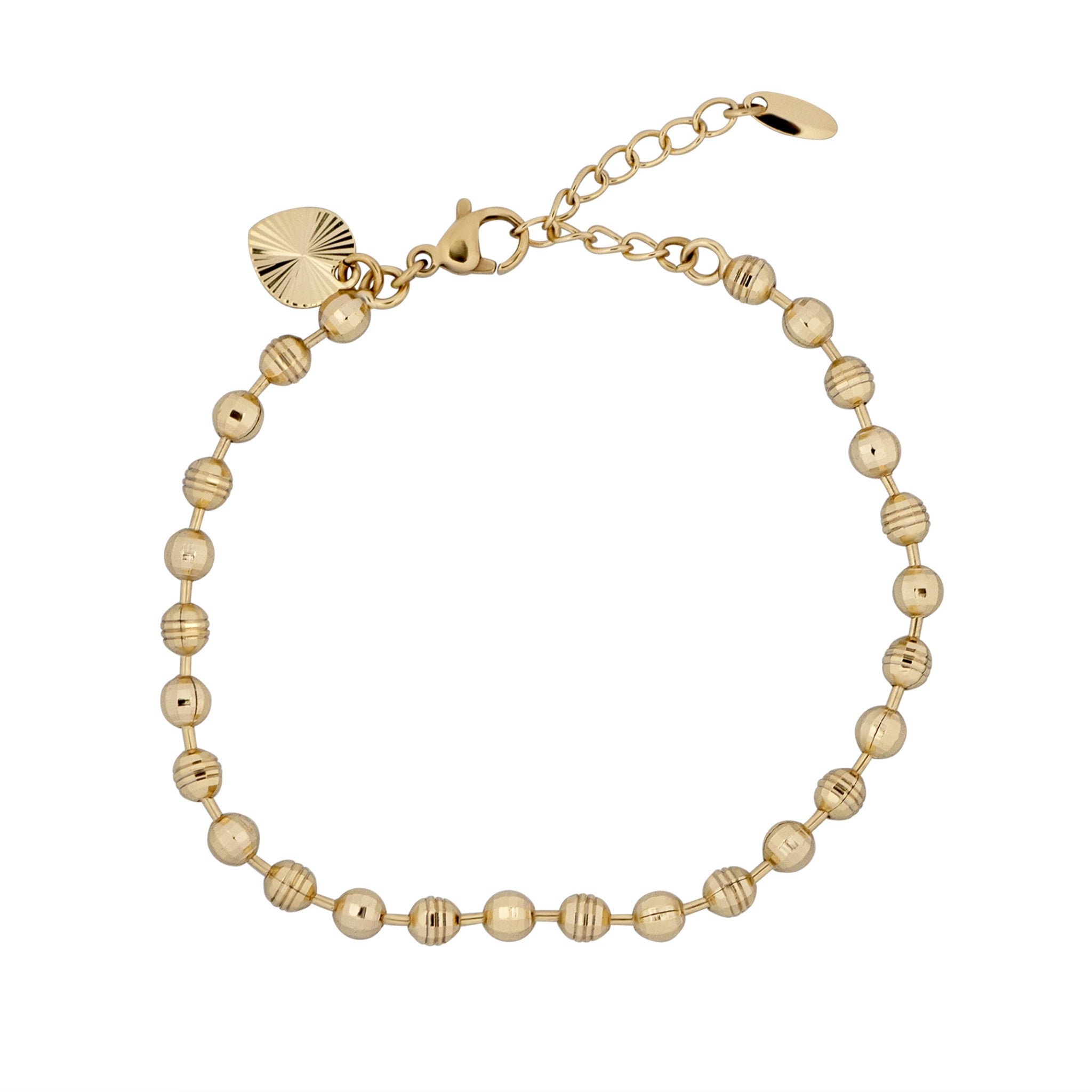 Gold bracelet with beaded design on a white background