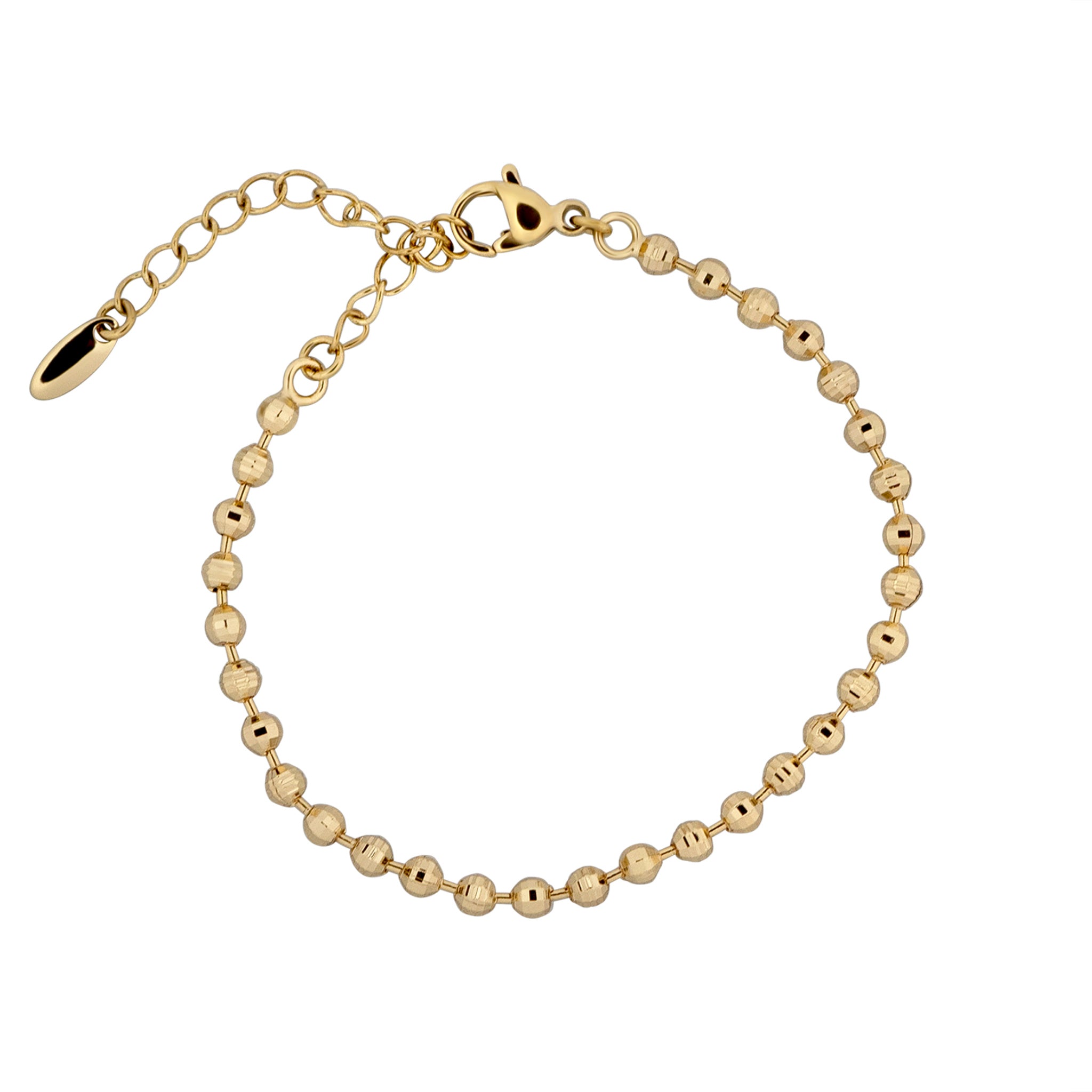 Gold beaded bracelet on a white background