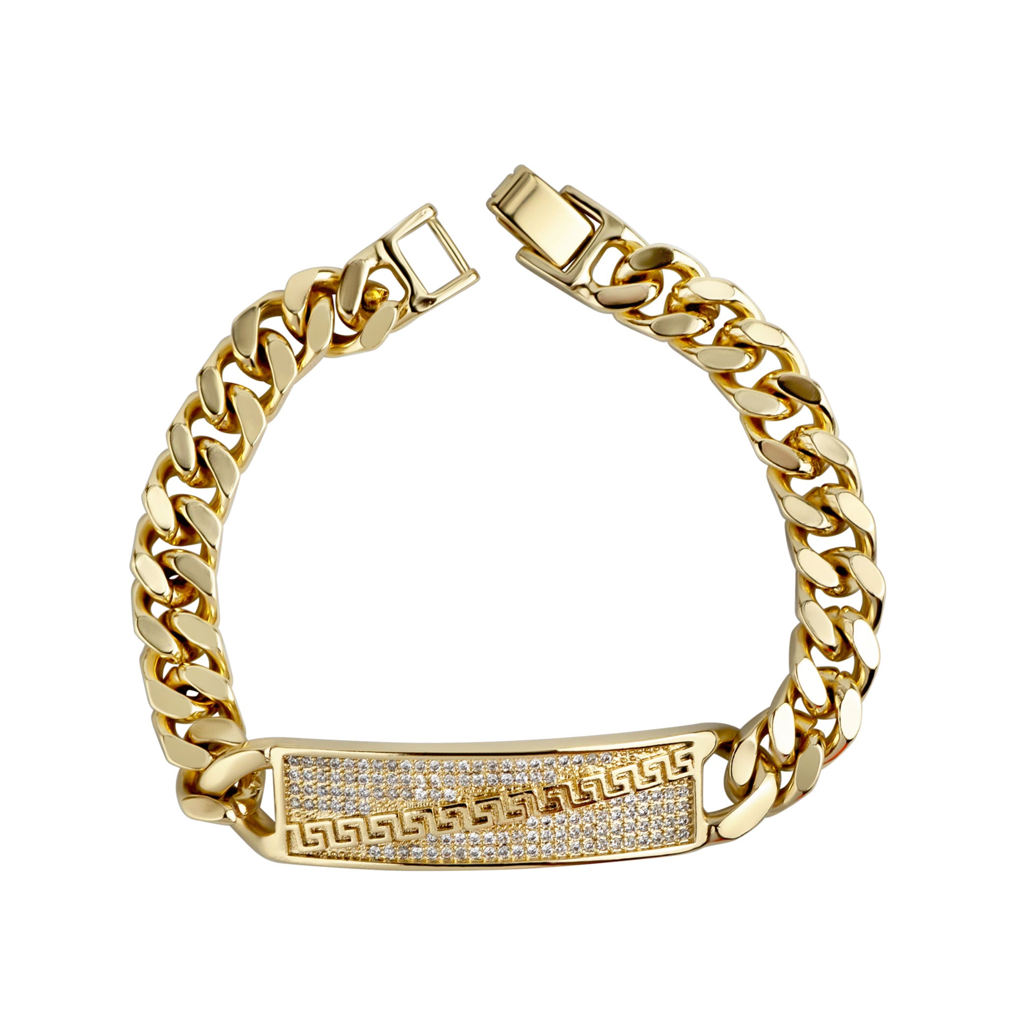 Gold chain bracelet with a decorative clasp on a white background