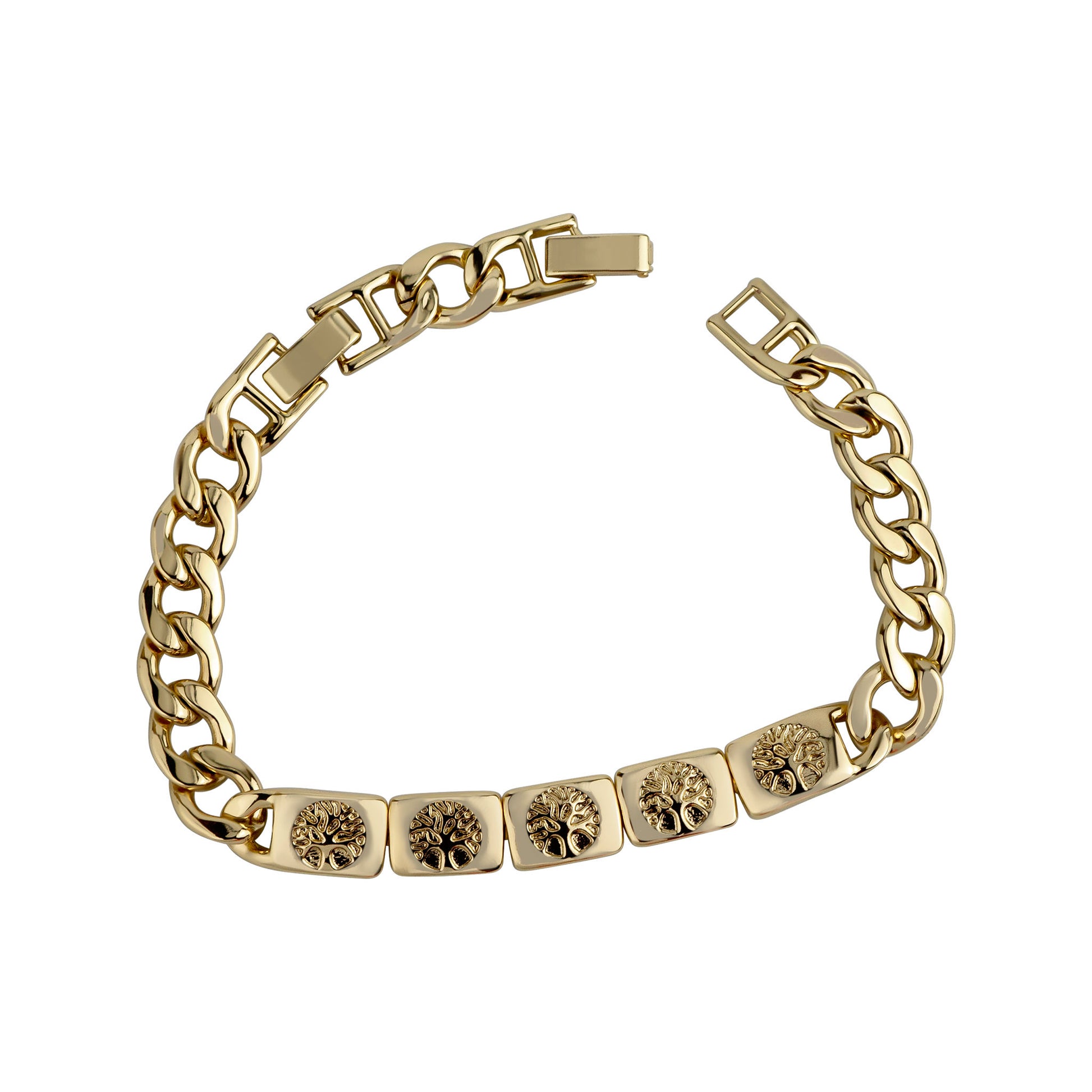 Gold chain bracelet with diamond-like stones on a white background