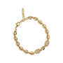 Gold chain bracelet with a diamond-studded clasp on a white background