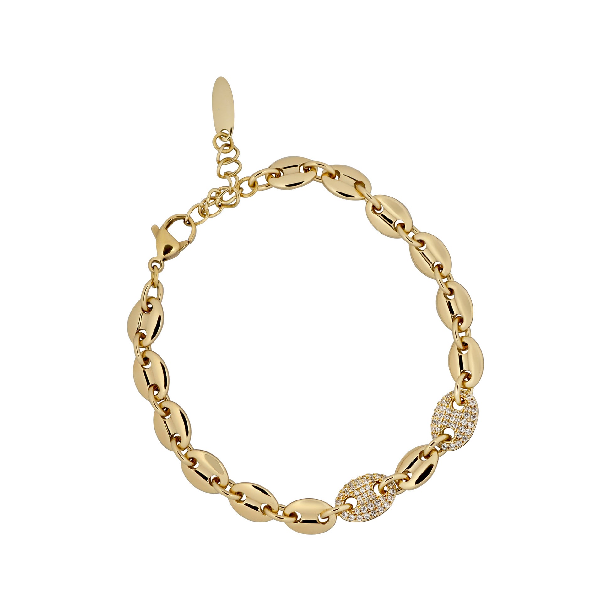 Gold chain bracelet with a diamond-studded clasp on a white background