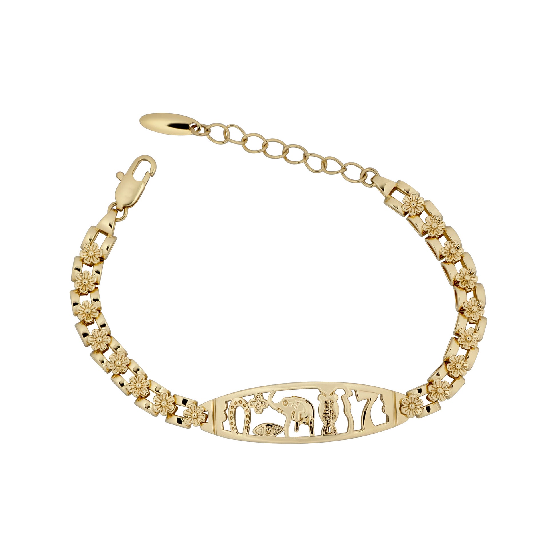 Gold bracelet with elephant design on a white background