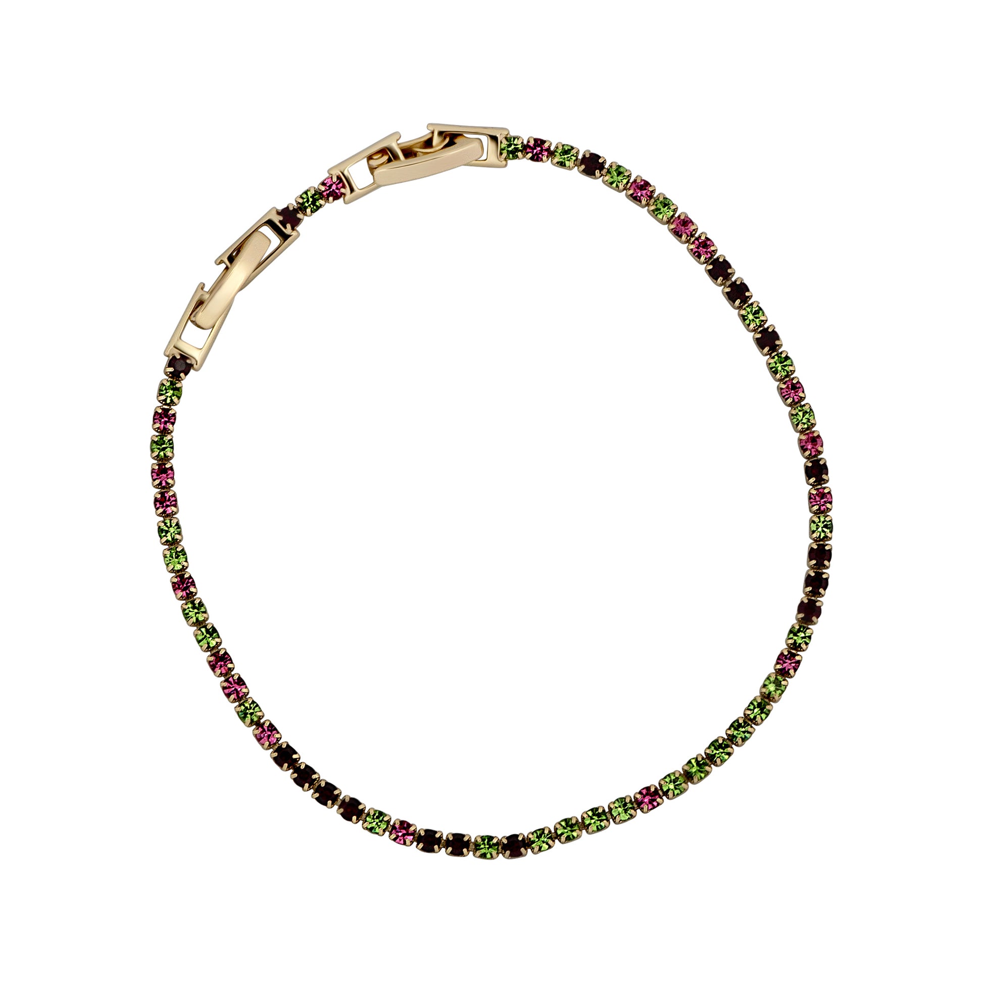Gold bracelet with green and pink gemstones on a white background