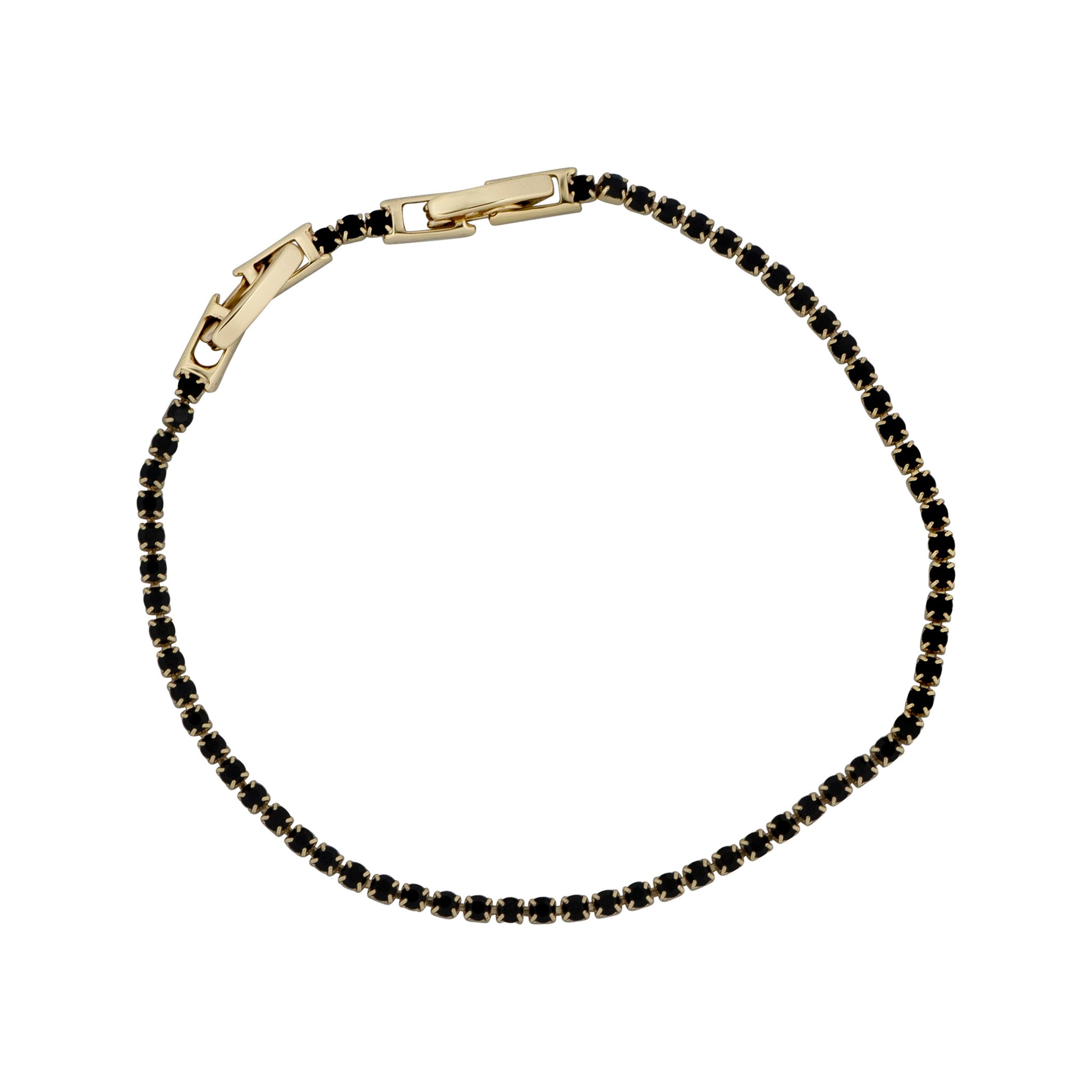 Gold bracelet with black beads on a white background
