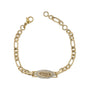 Gold bracelet with a decorative clasp on a white background