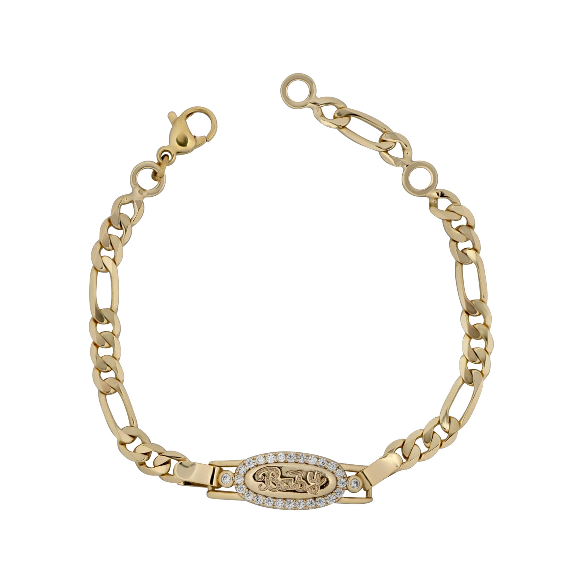 Gold bracelet with a decorative clasp on a white background