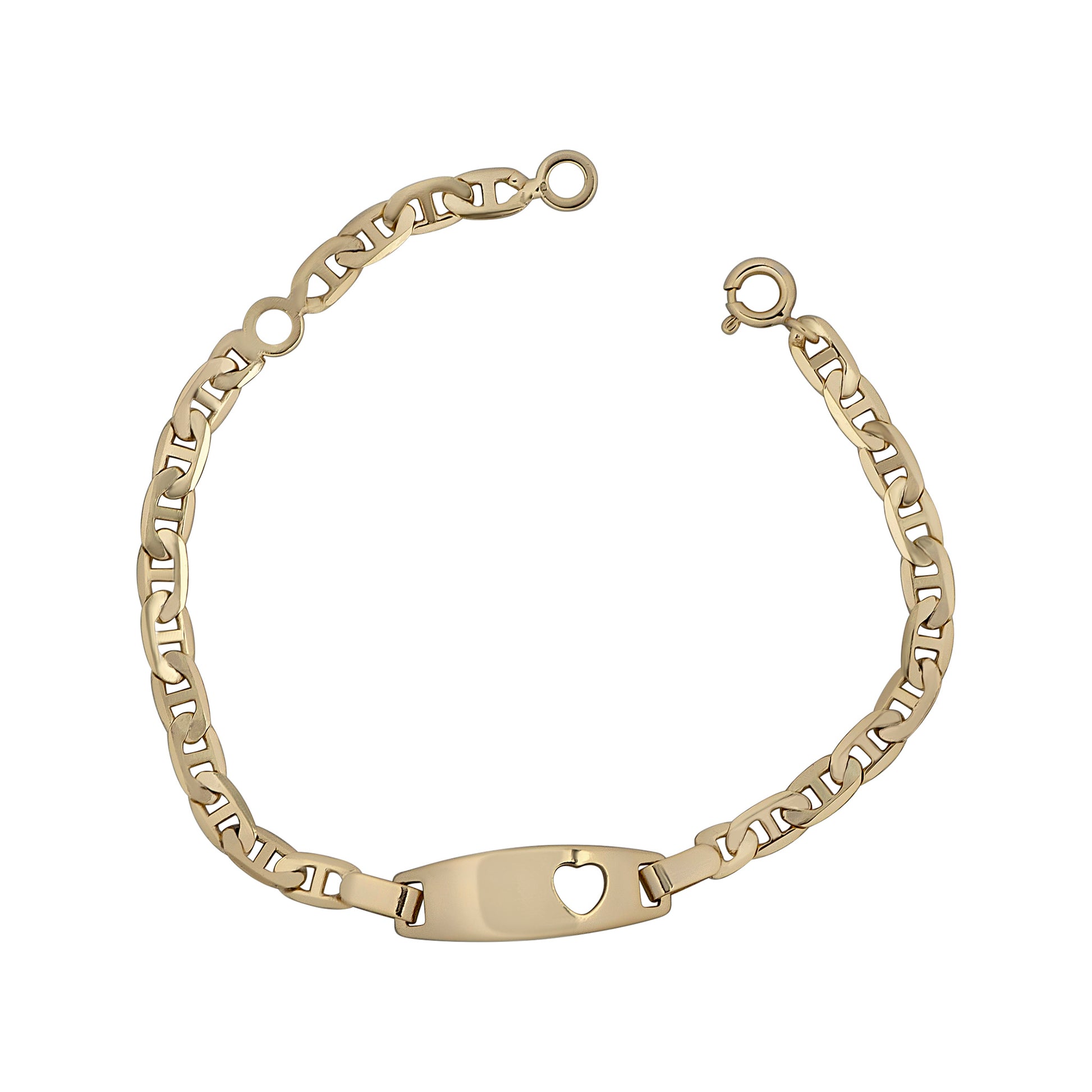Gold bracelet with a heart-shaped clasp on a white background