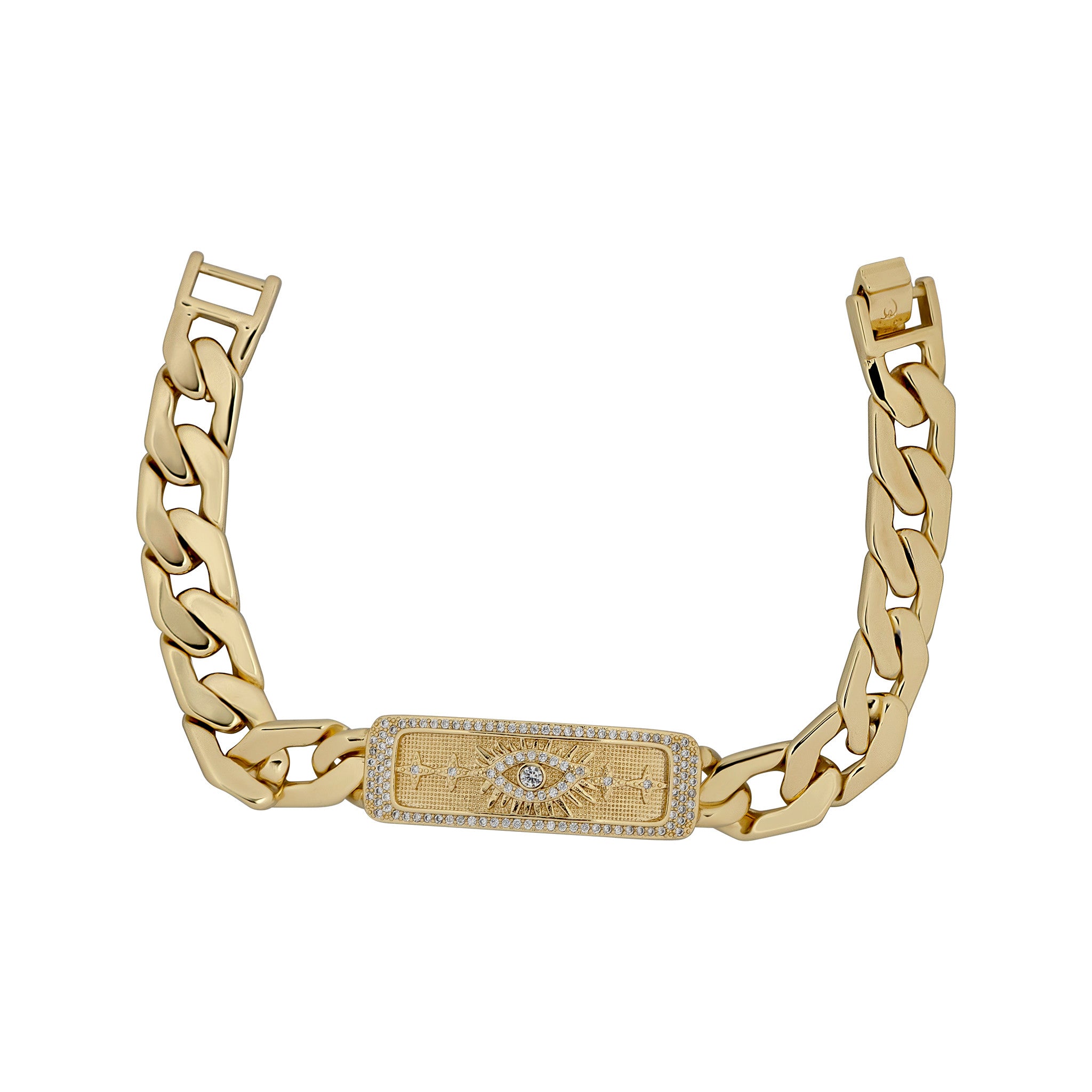 Gold chain bracelet with a decorative clasp on a white background