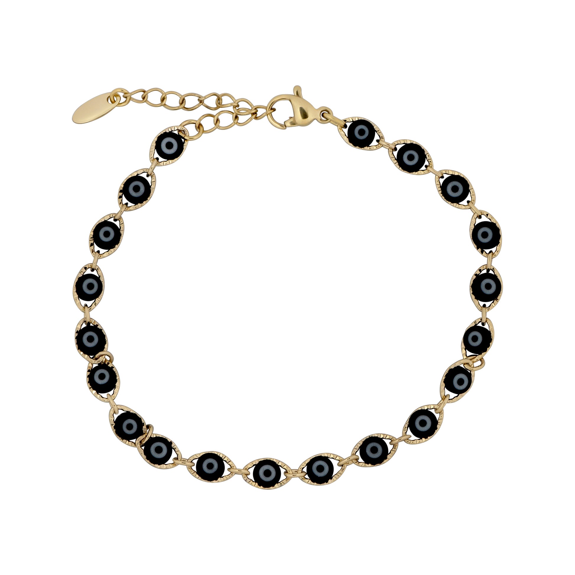 Gold bracelet with black evil eye charms on a white background