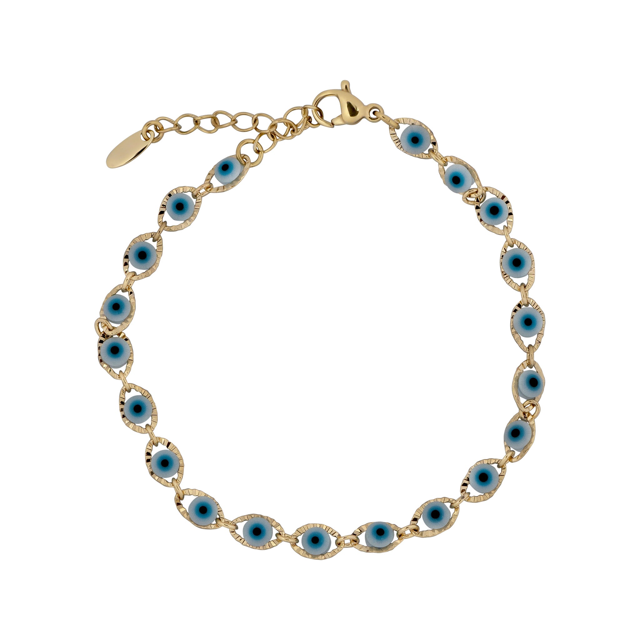 Gold bracelet with blue eye-shaped charms on a white background
