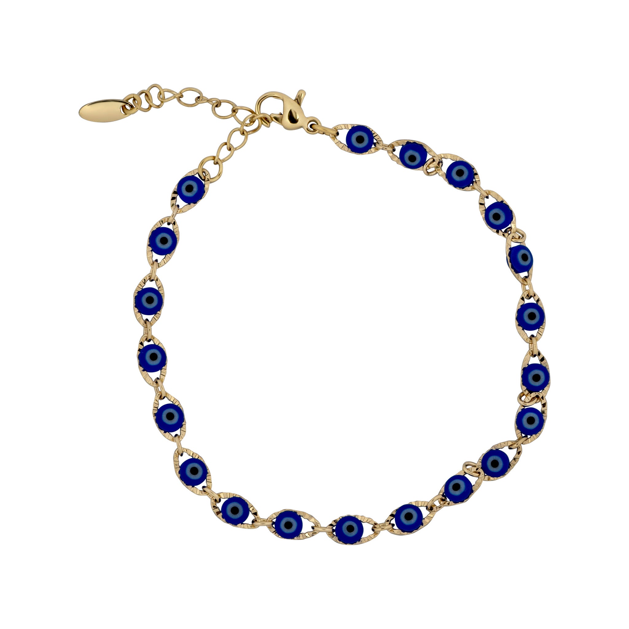Gold bracelet with blue evil eye charms on a white background