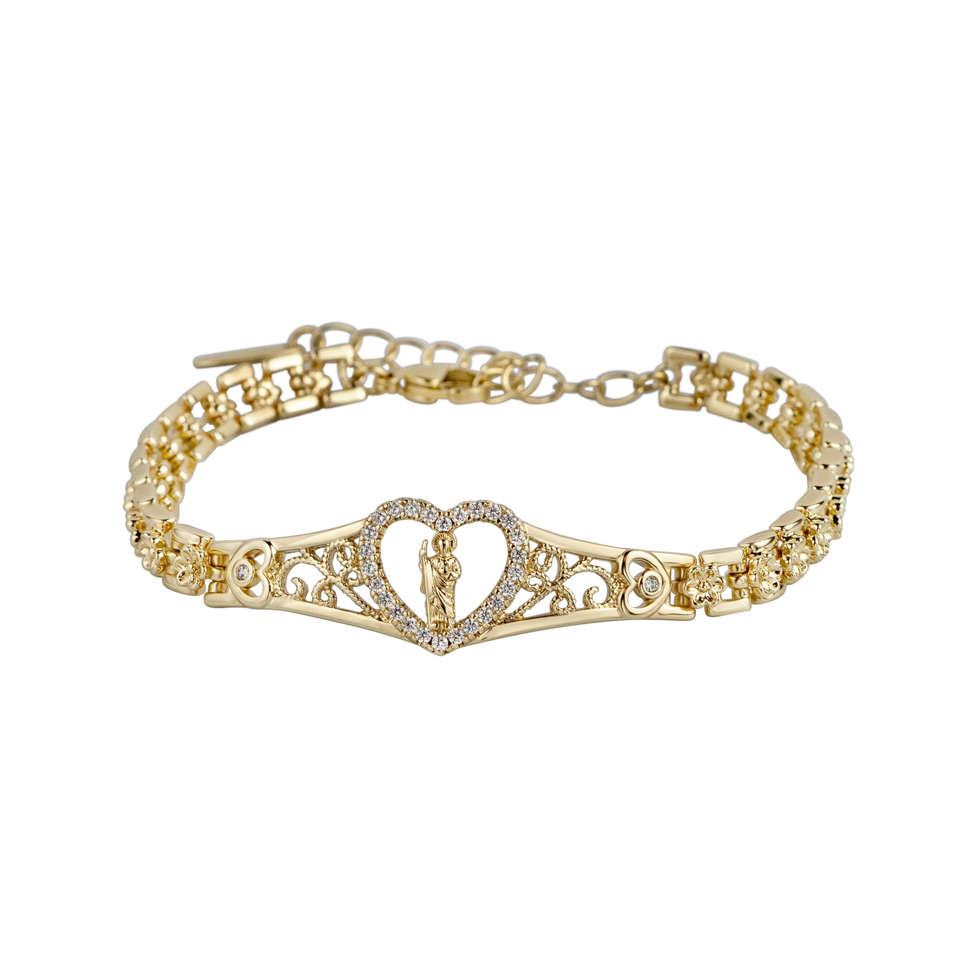 Gold bracelet with a heart design on a white background