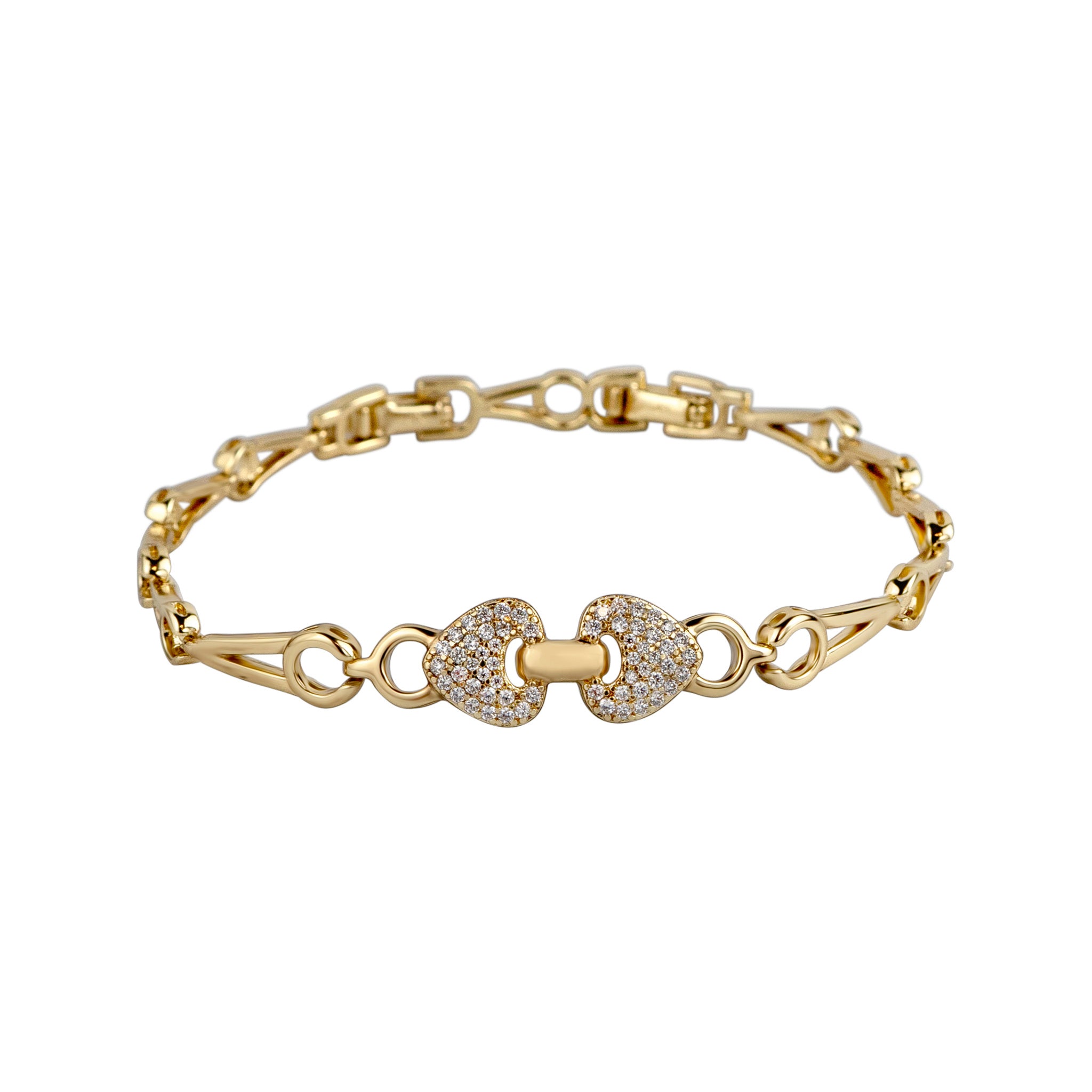 Gold bracelet with a decorative clasp on a white background