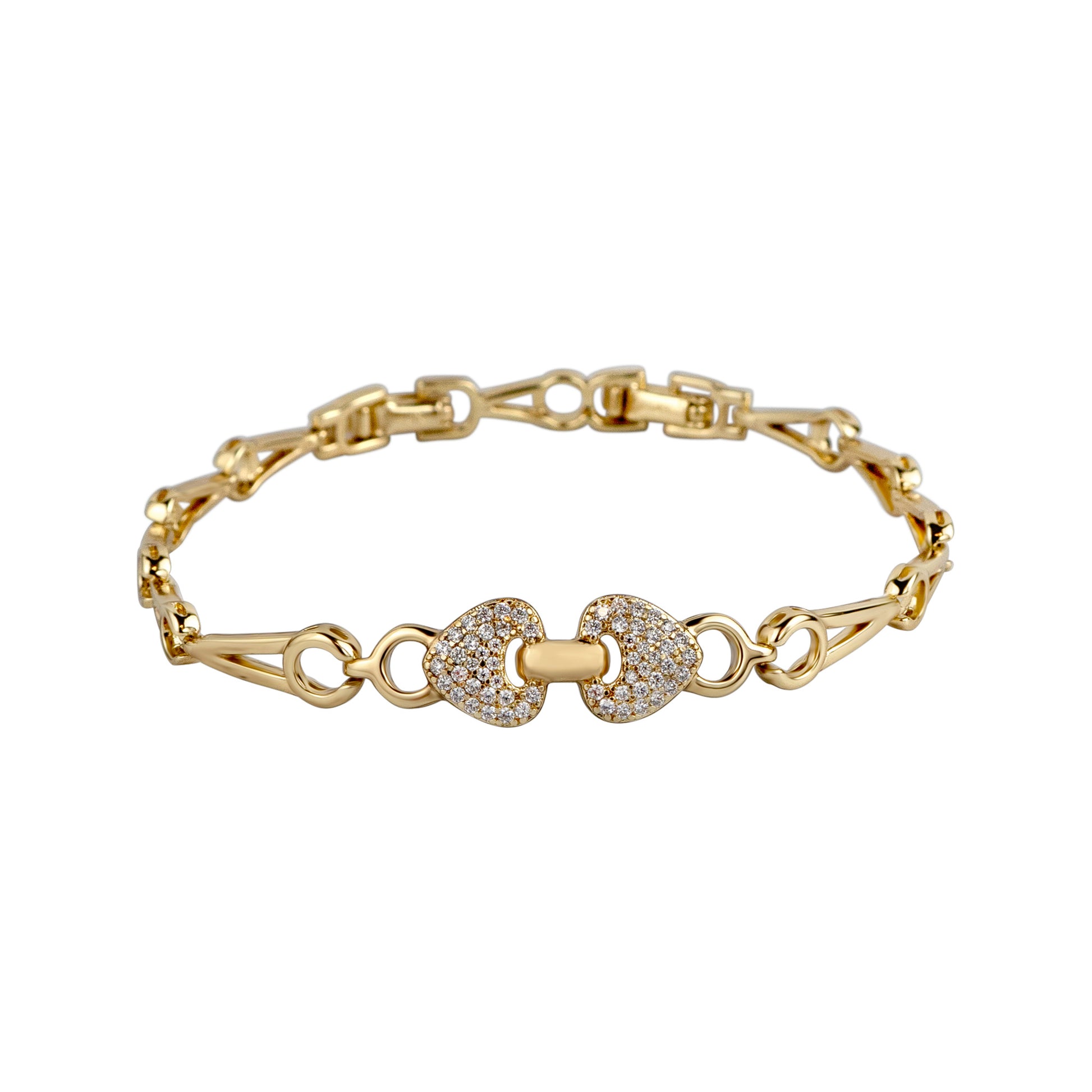 Gold bracelet with a decorative clasp on a white background
