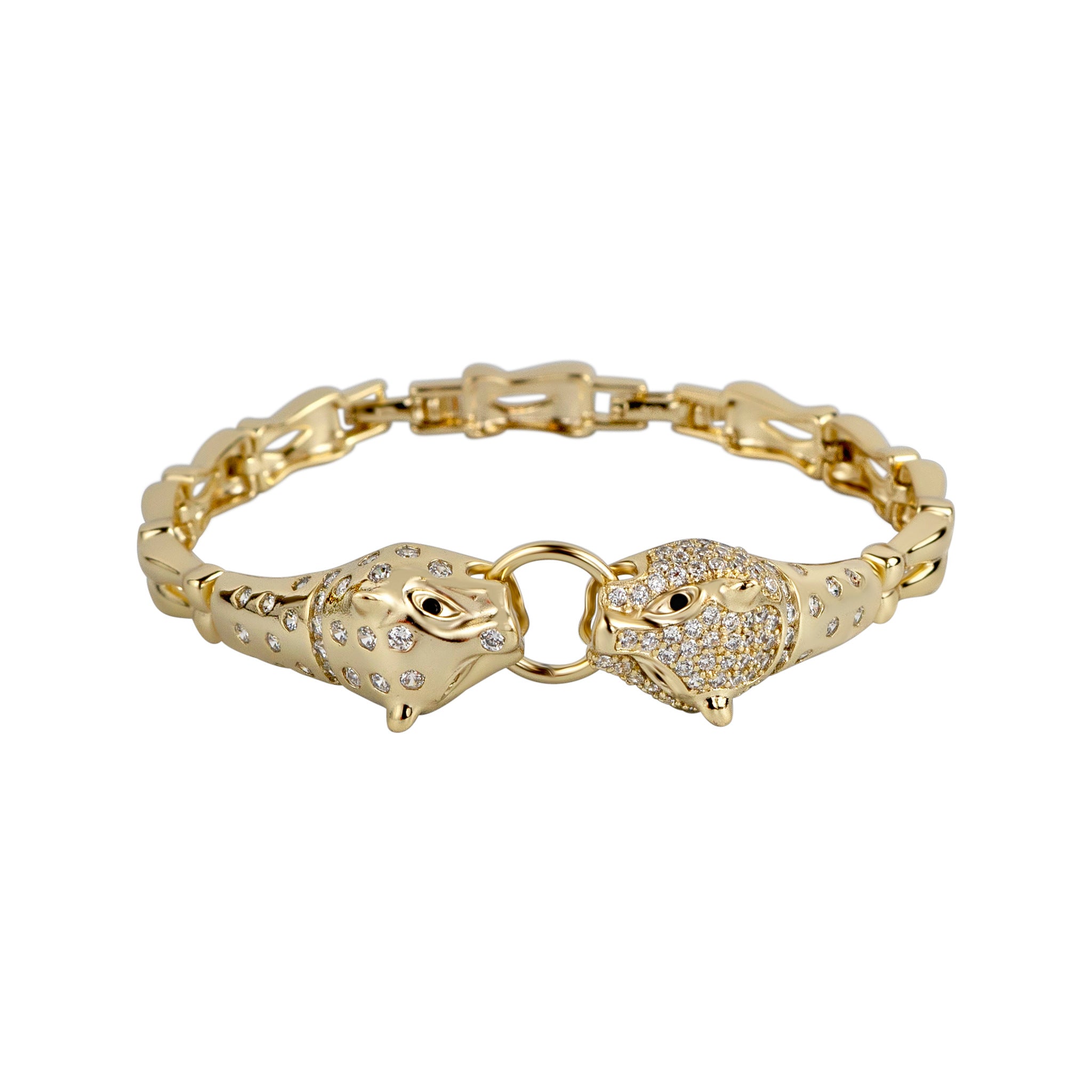 Gold bracelet with panther head designs on a white background