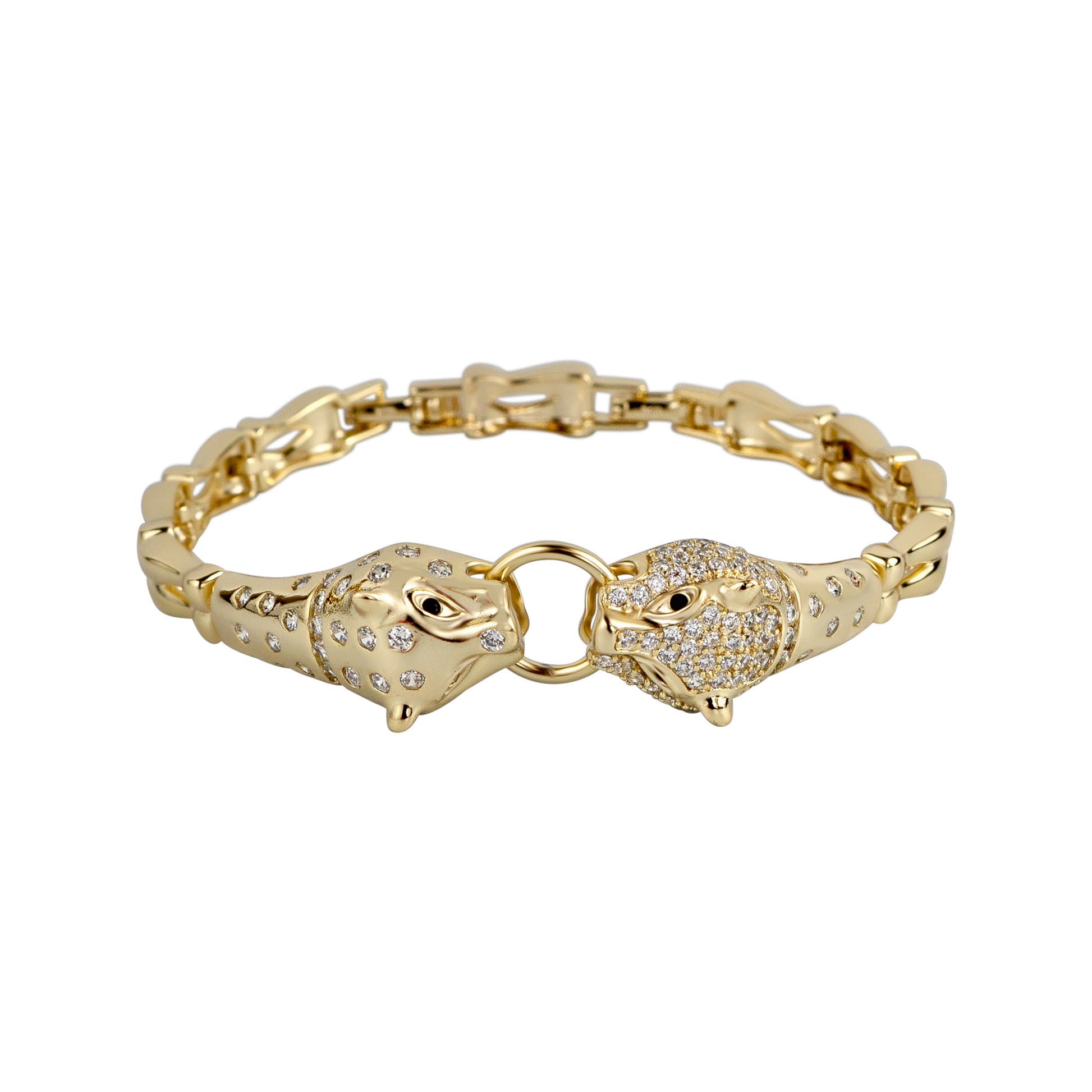 Gold bracelet with panther head designs on a white background