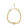 Gold bracelet with a floral clasp on a white background