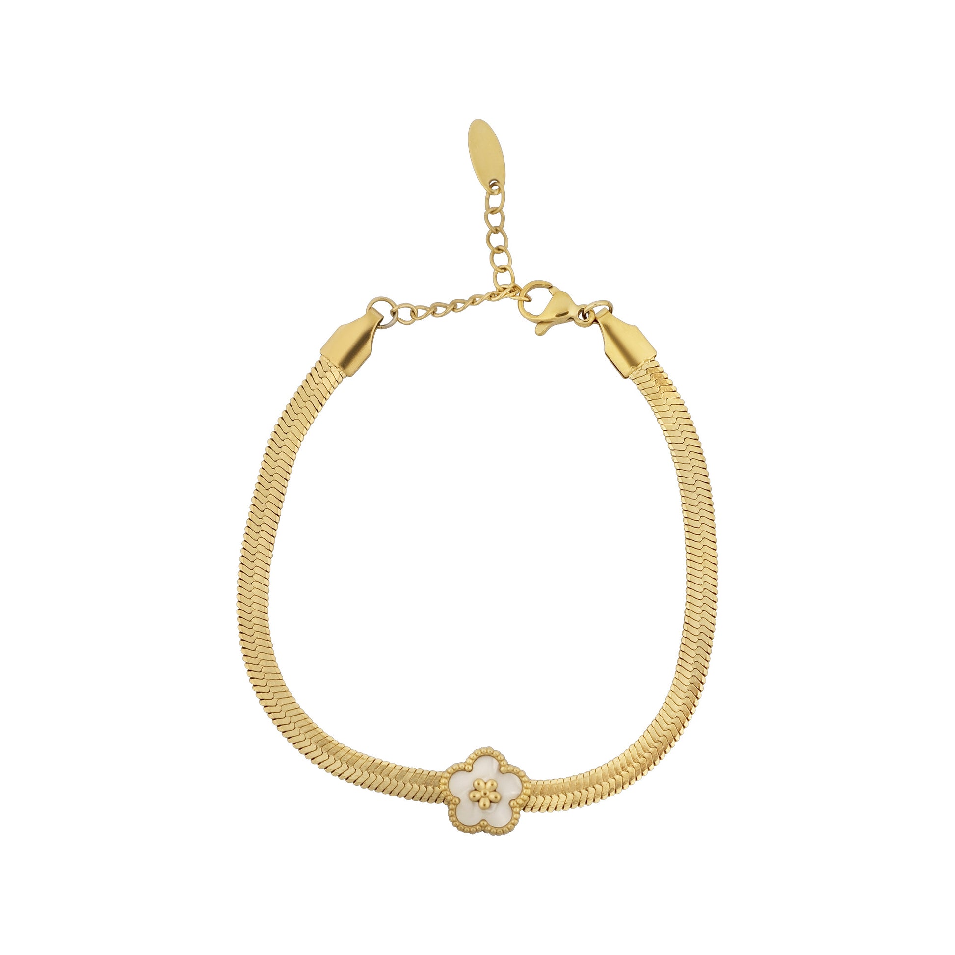 Gold bracelet with a floral clasp on a white background