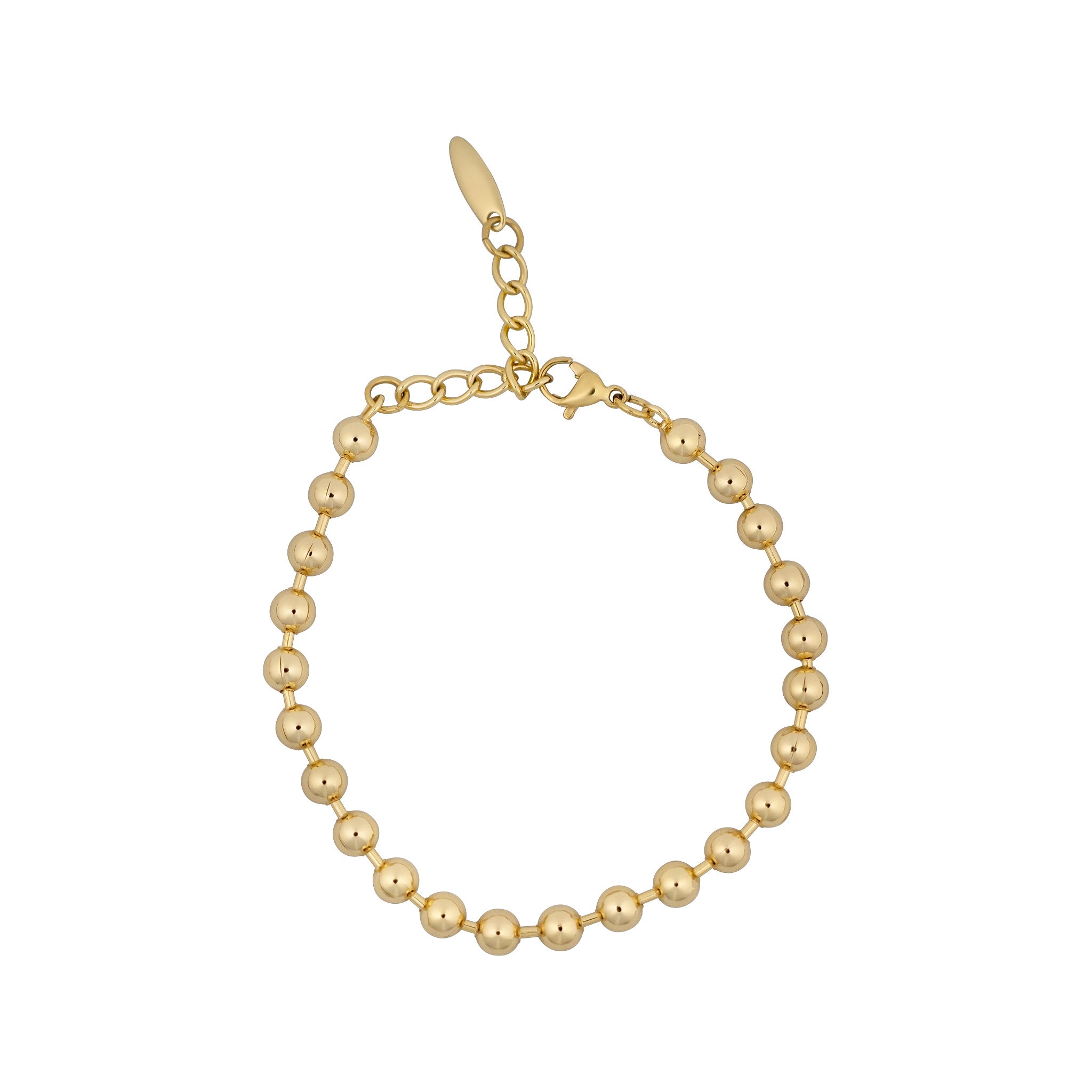 Gold beaded bracelet on a white background