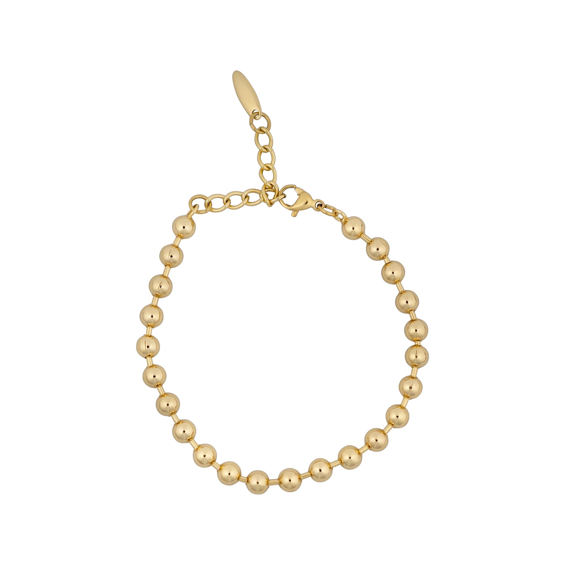 Gold beaded bracelet on a white background