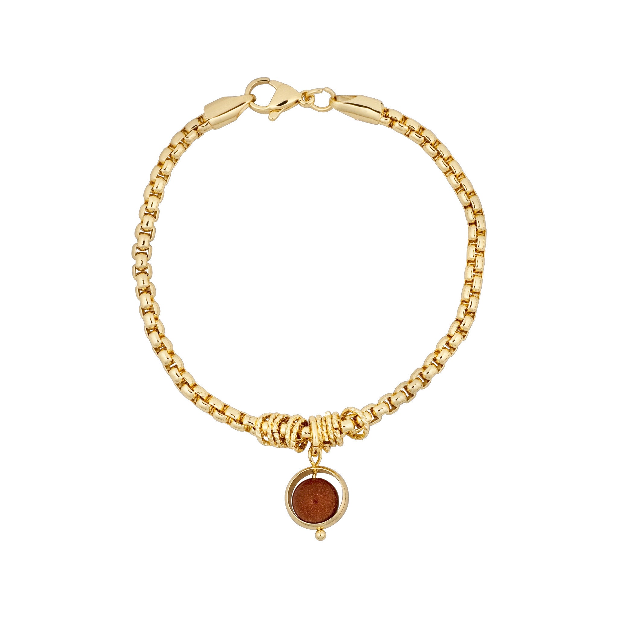Gold bracelet with a round brown charm on a white background