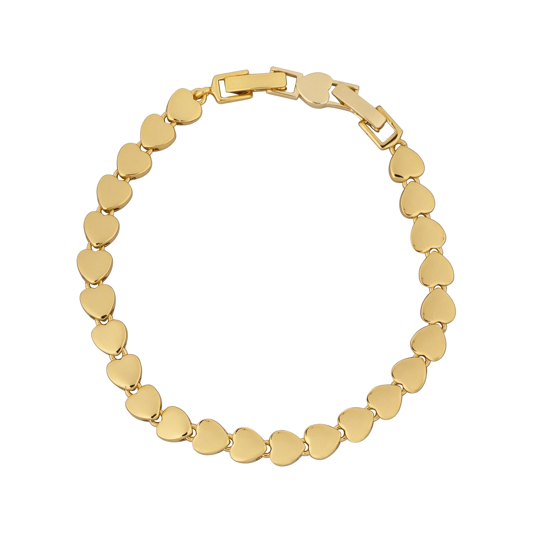 Gold heart-shaped bracelet on a white background