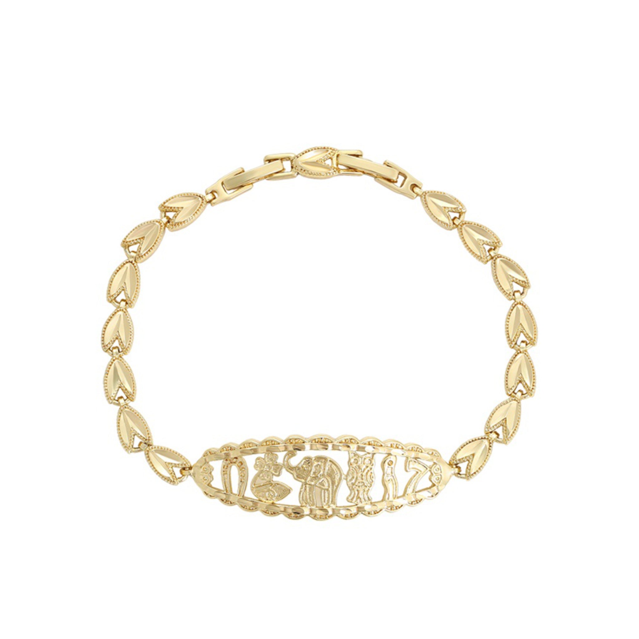 Gold bracelet with leaf-like links on a white background