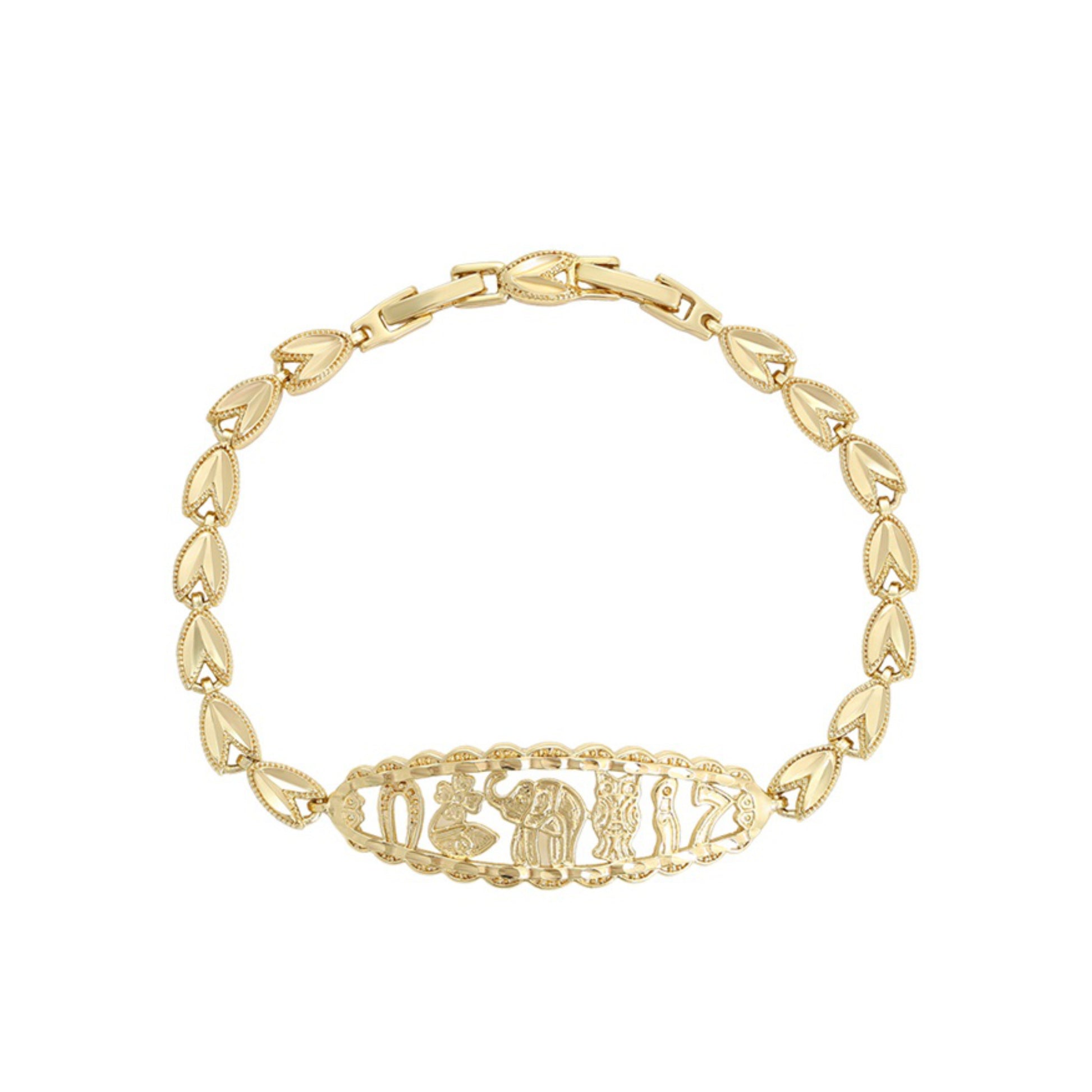 Gold bracelet with leaf-like links on a white background