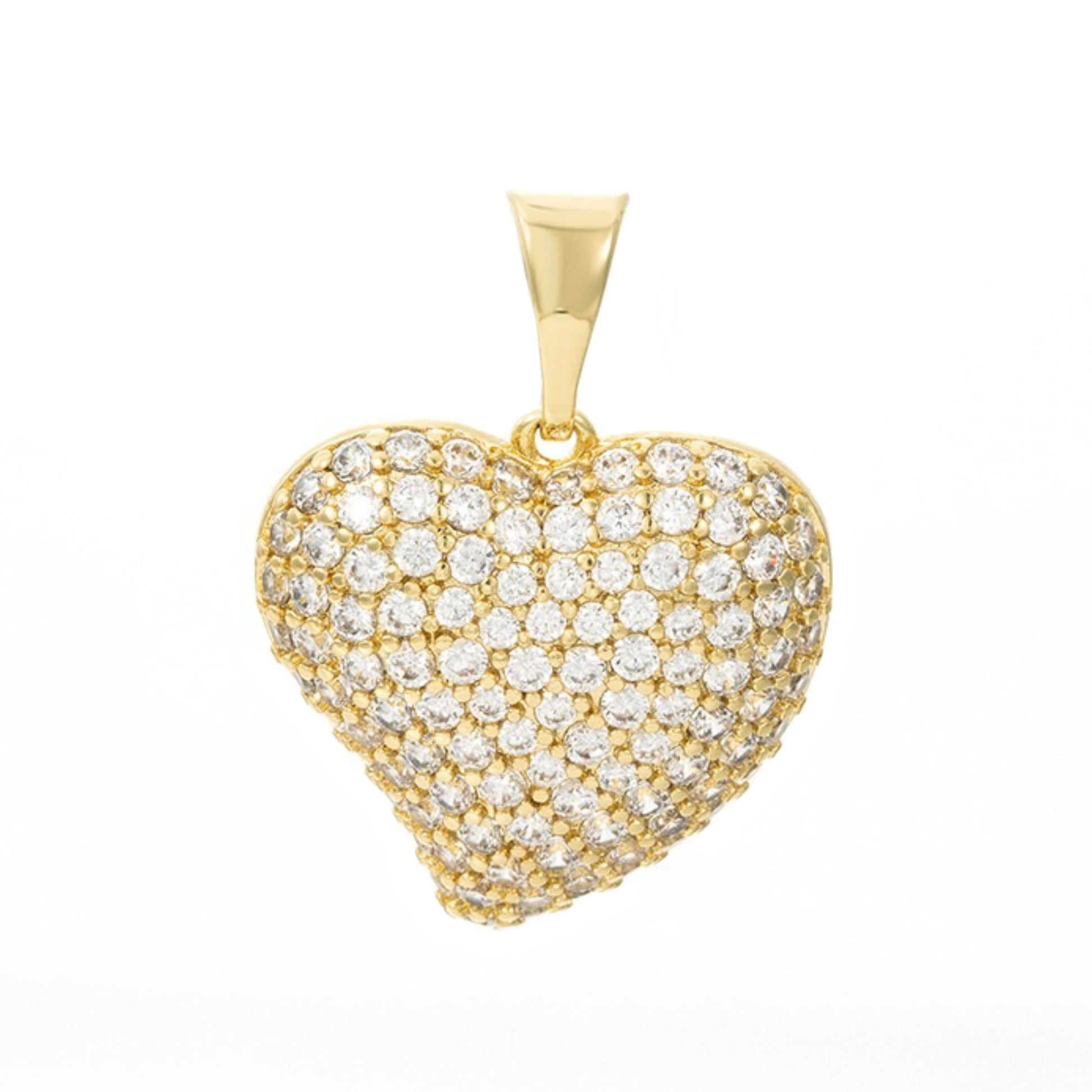 Gold heart-shaped pendant with clear stones on a white background