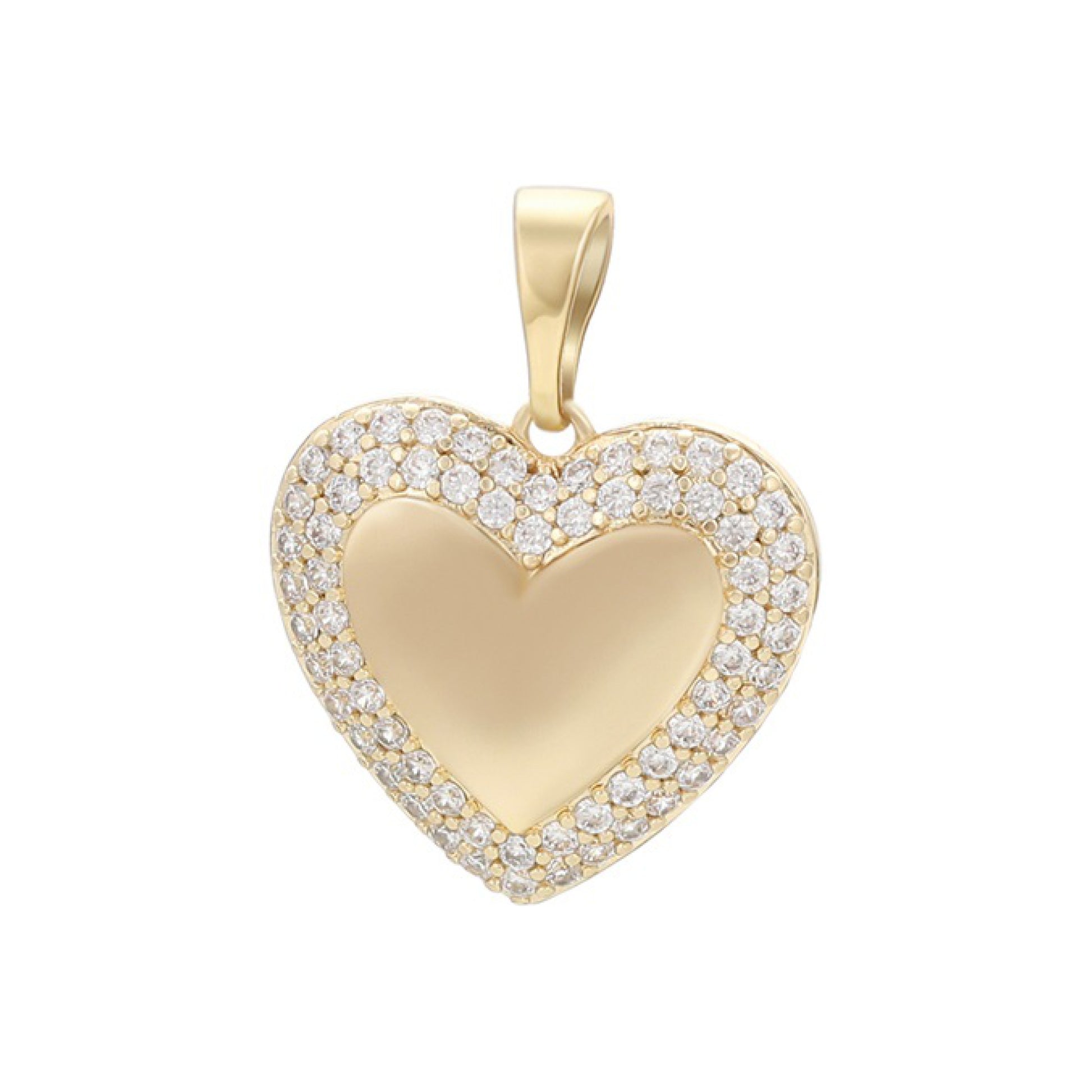 Gold heart-shaped pendant with diamond accents on a white background