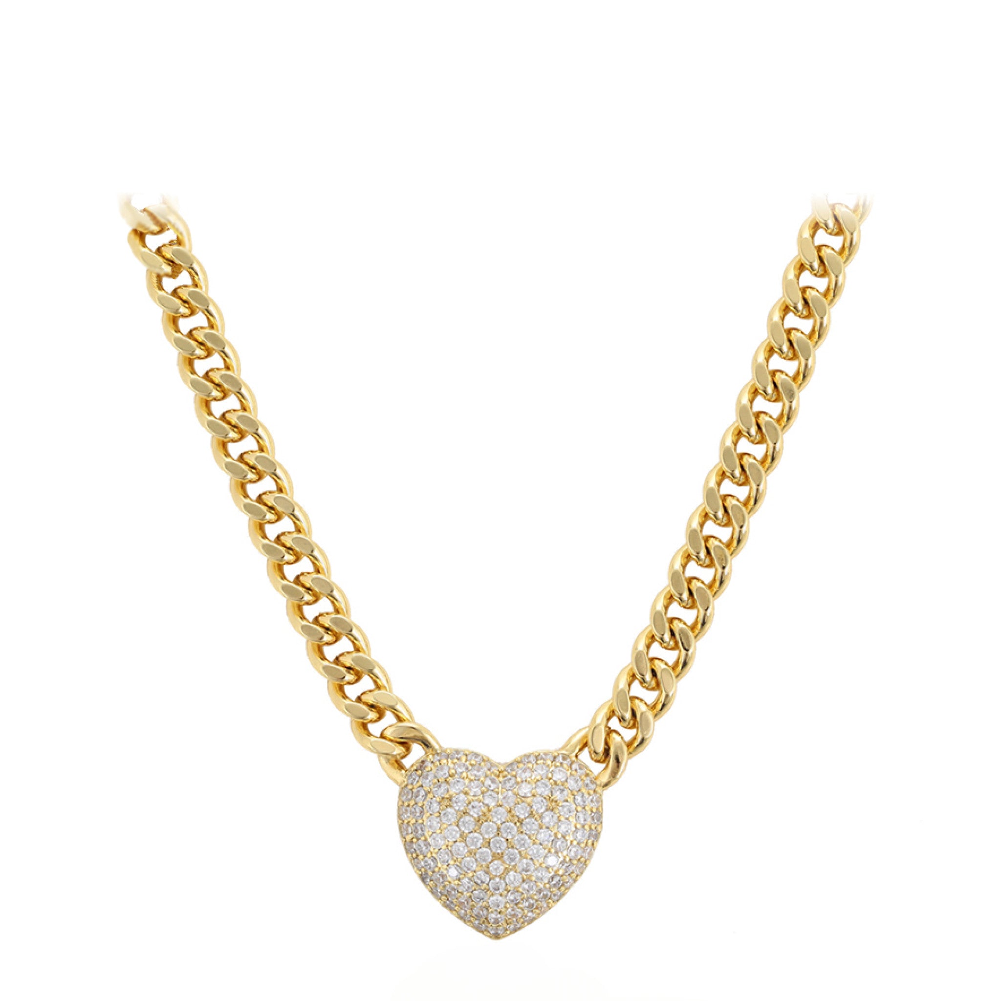 Gold chain necklace with a heart-shaped pendant on a white background
