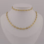Gold necklace on a mannequin bust against a gray background
