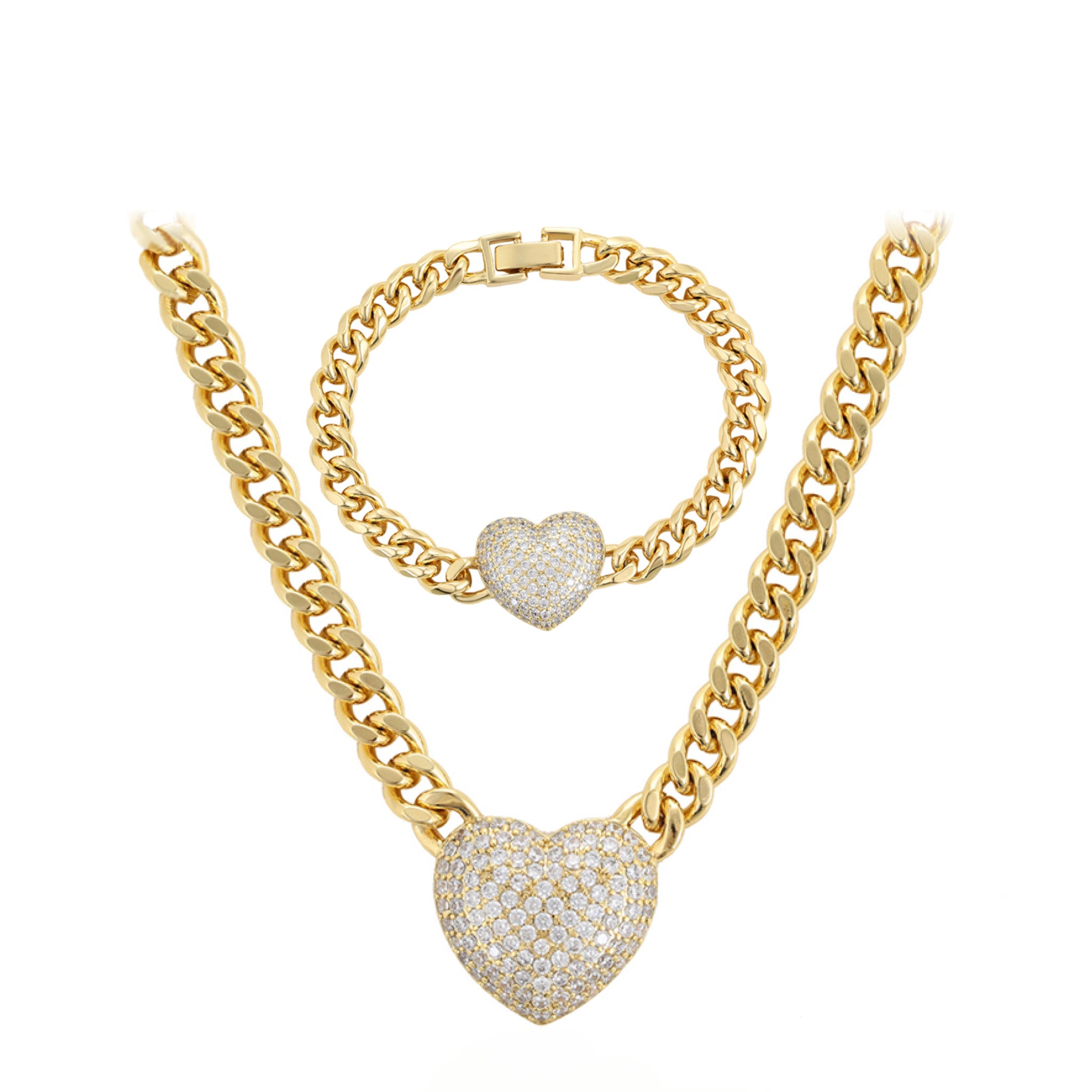 Gold chain necklace and bracelet with heart-shaped pendants on a white background