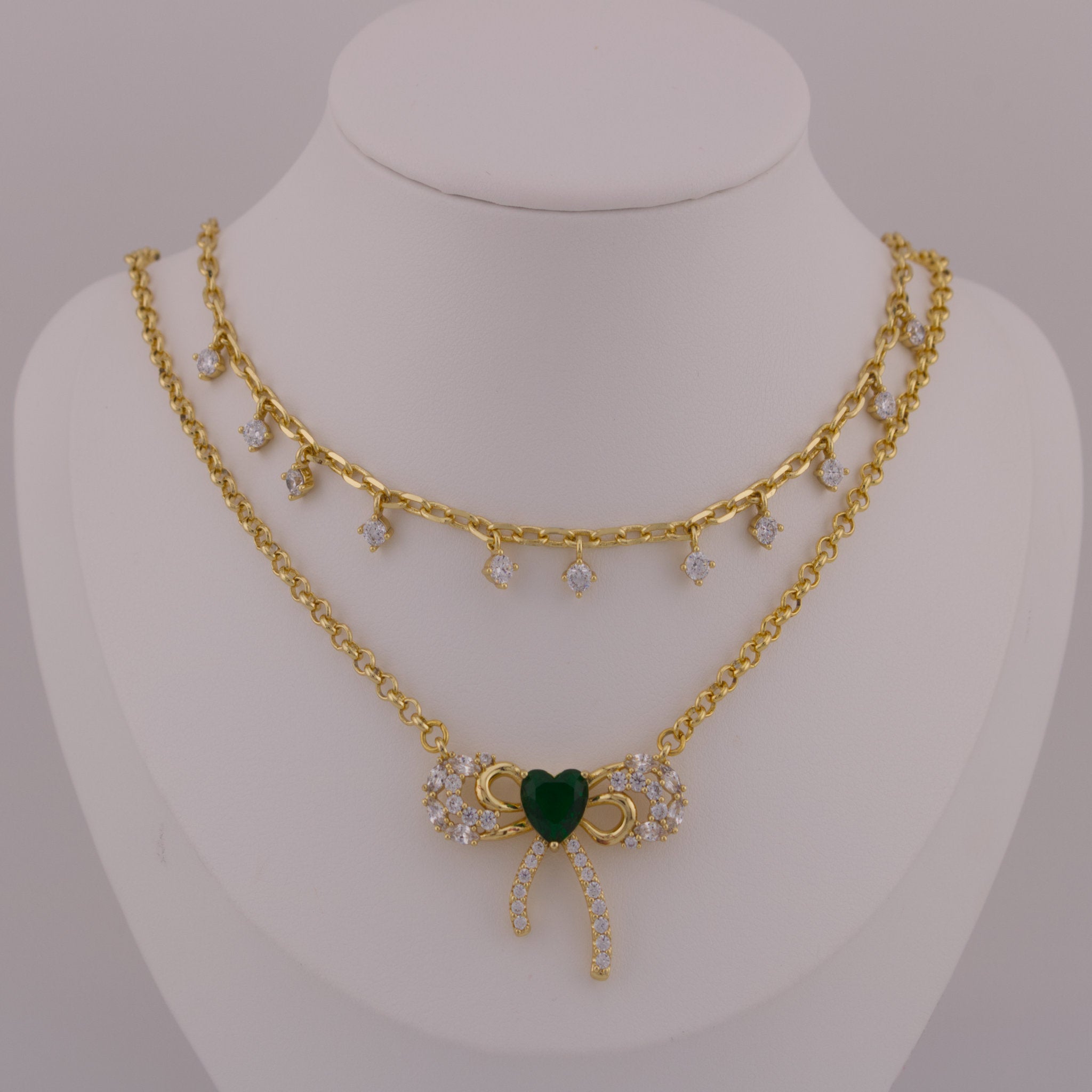 Emerald Heart Bow Layered Choker - 14K Gold-Plated