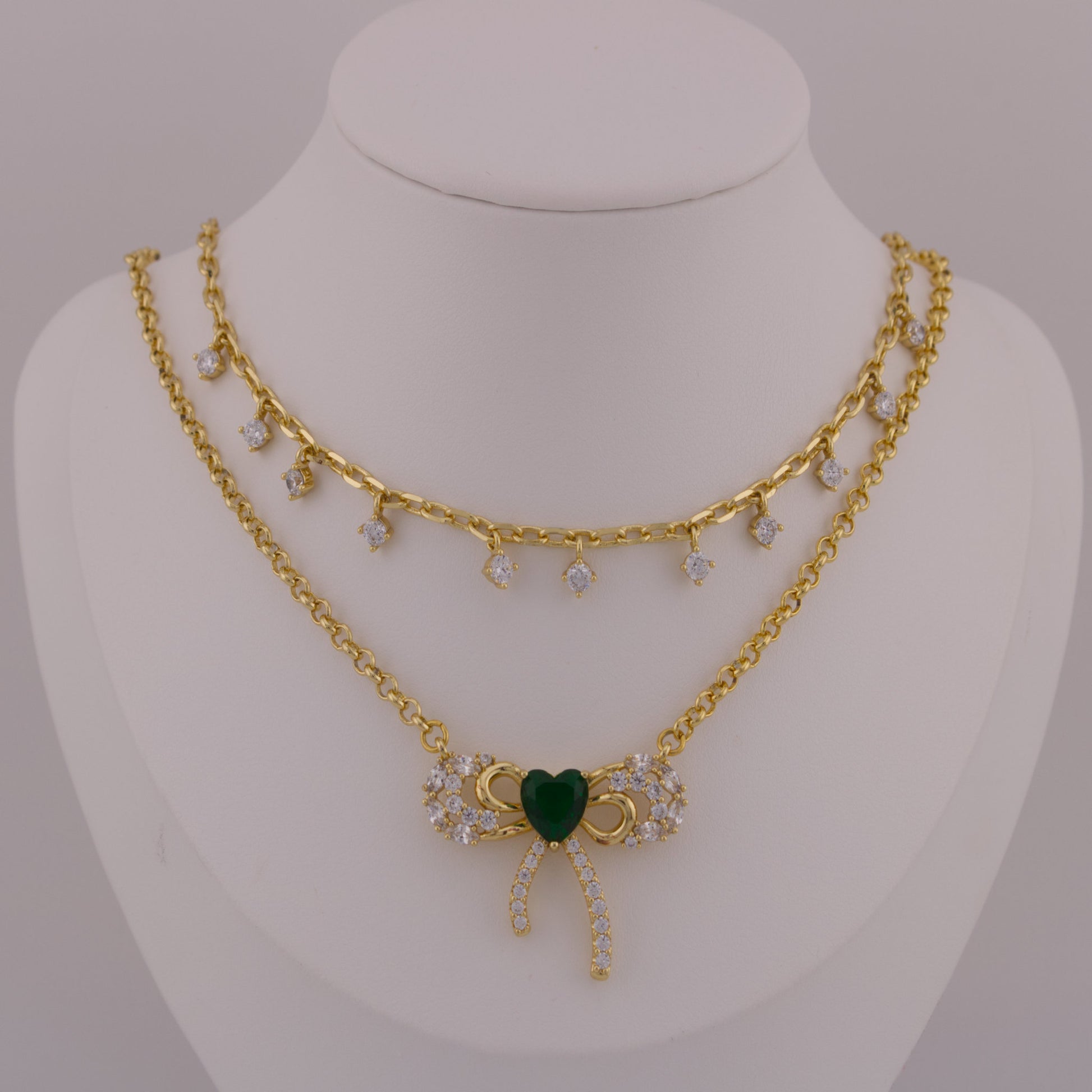 Emerald Heart Bow Layered Choker - 14K Gold-Plated
